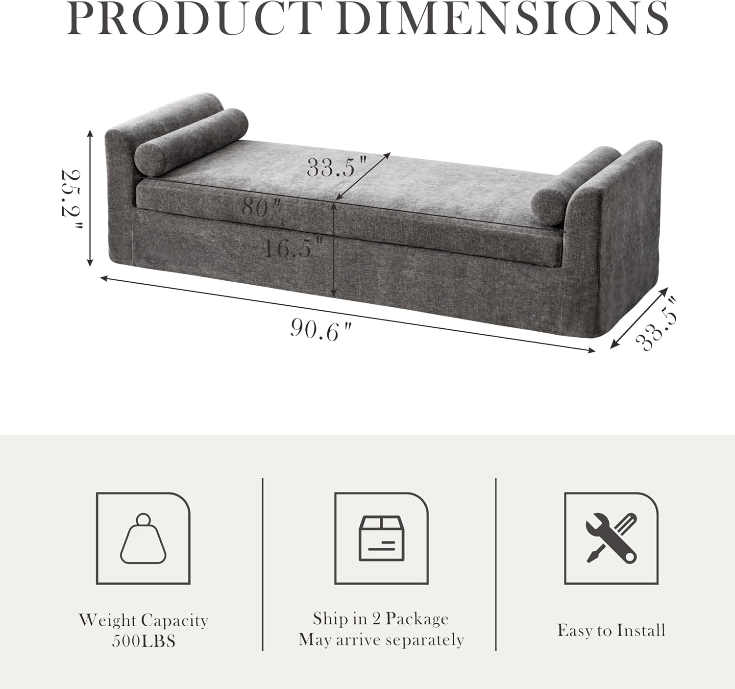Gray Chenille Oversized Chaise Lounge Bench