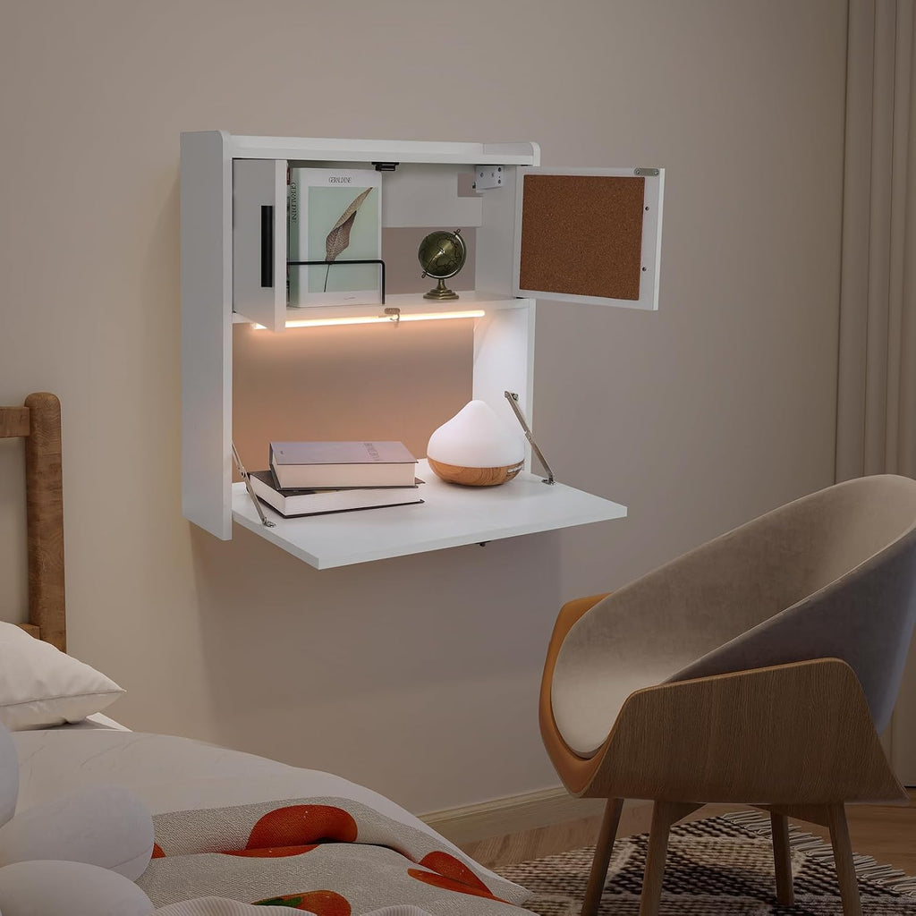 Wall‑Mounted Folding Desk with Light & Storage
