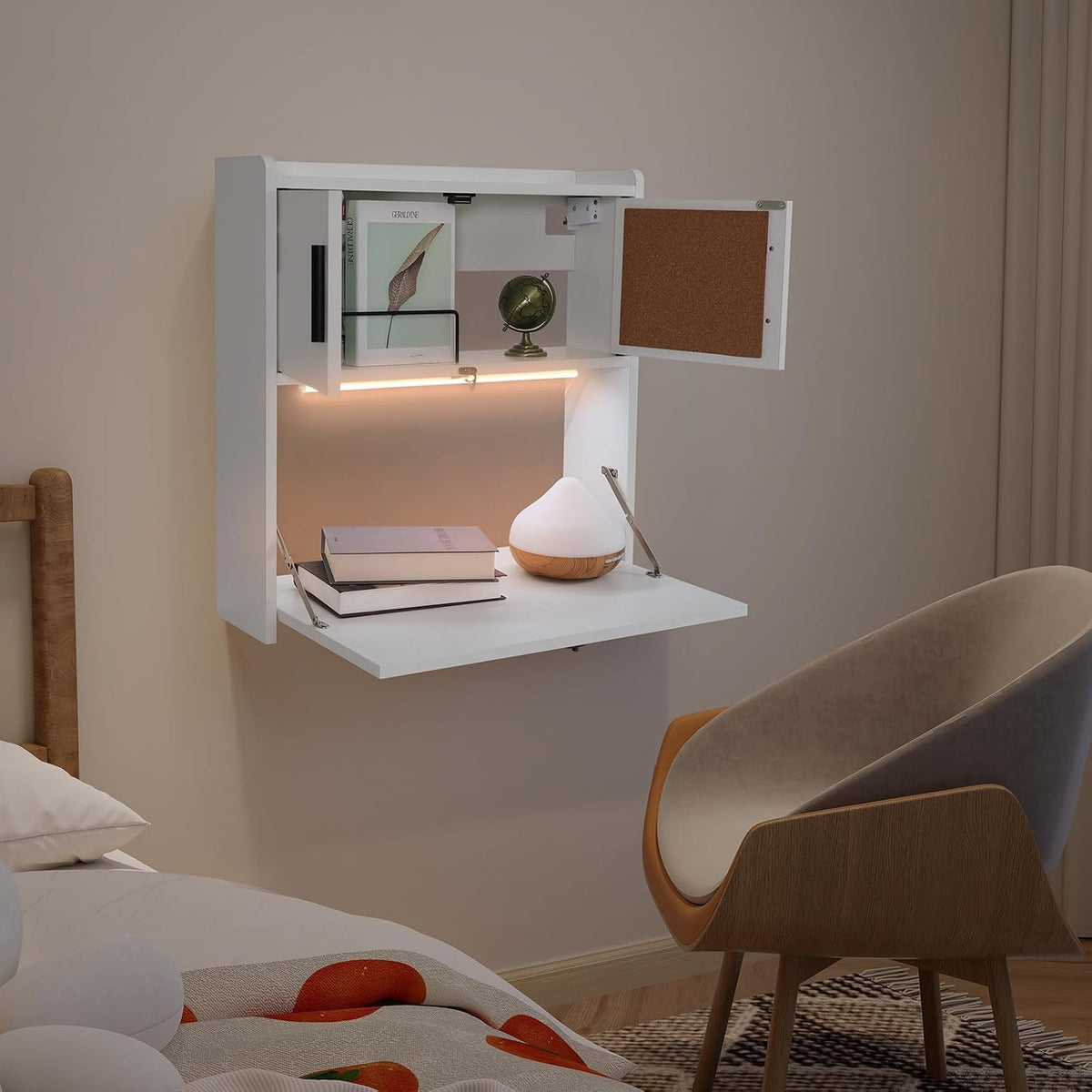 Wall‑Mounted Folding Desk with Light & Storage