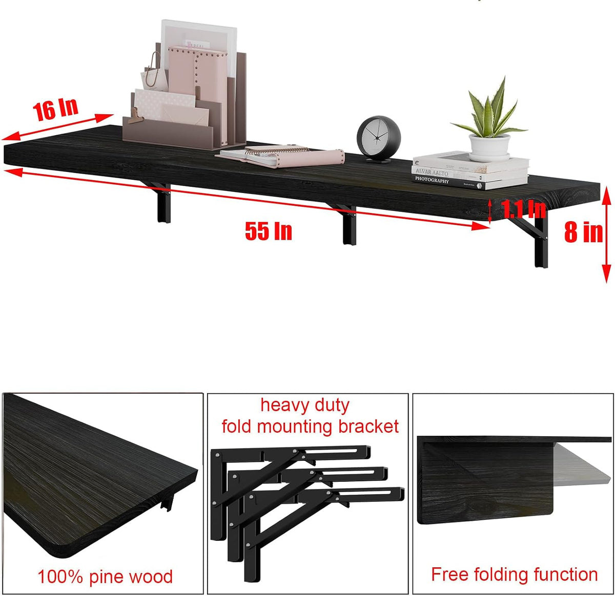 Black Pine Wood Wall‑Mounted Folding Desk