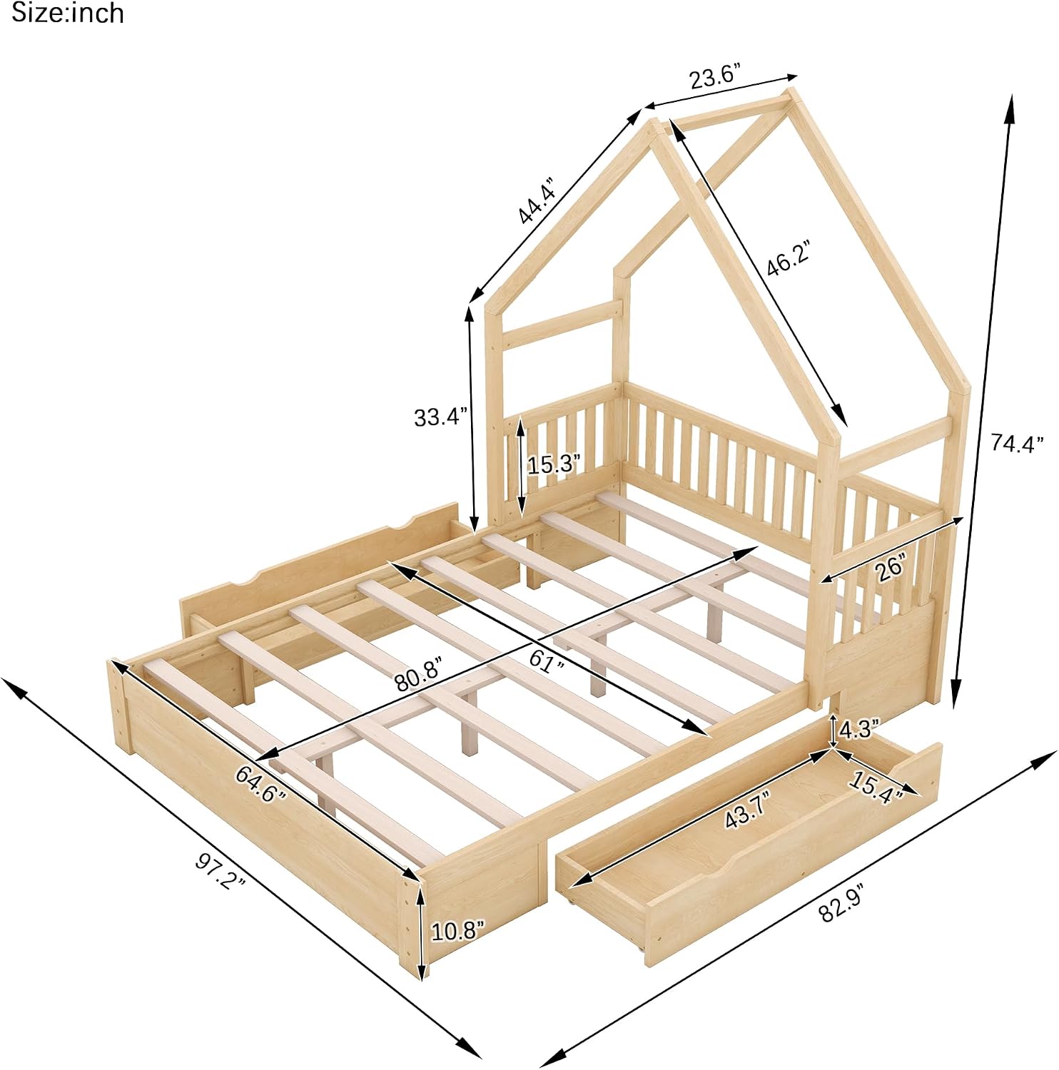 Natural Queen Wood House Bed Frame with Drawers