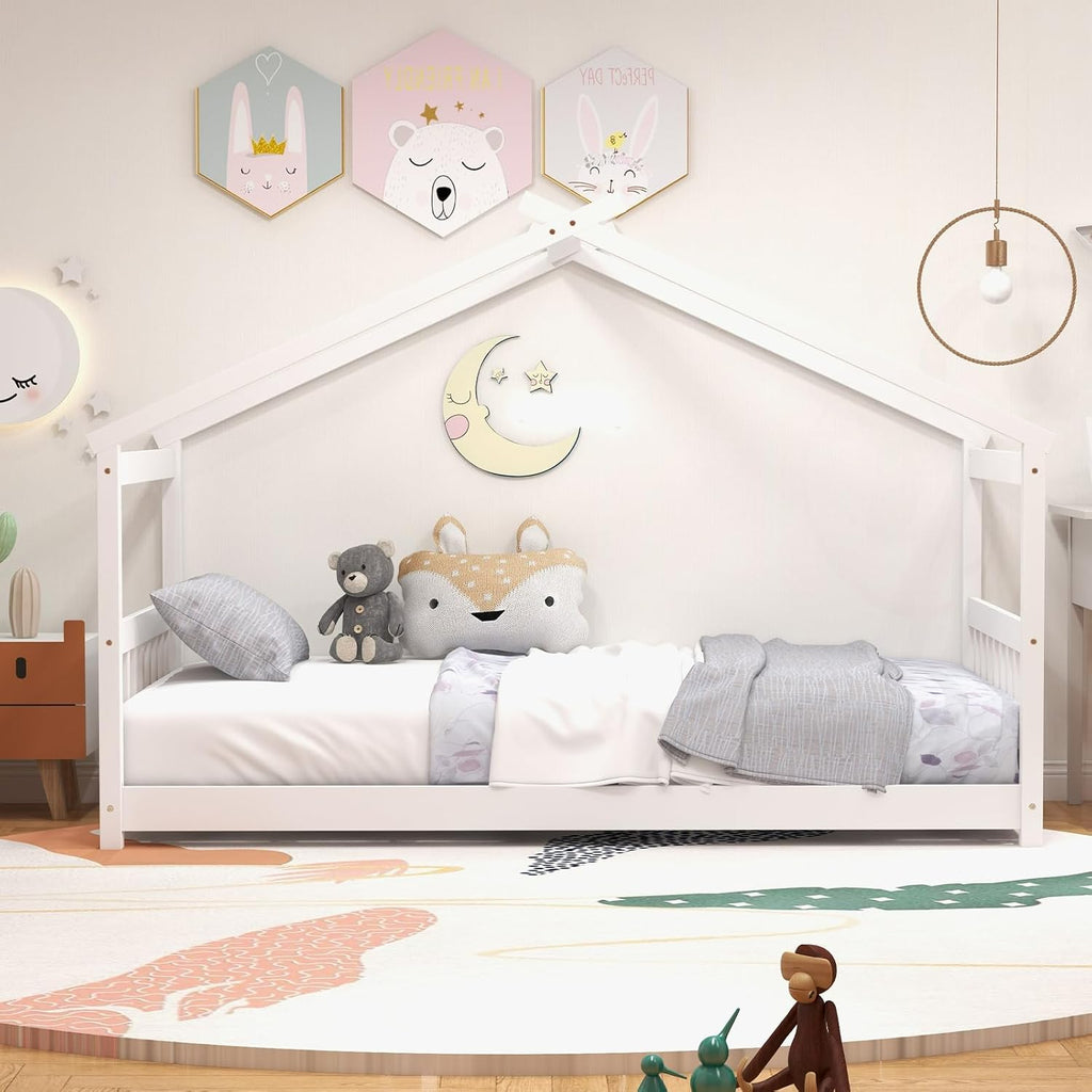 White Kids Twin Wood House Bed Frame