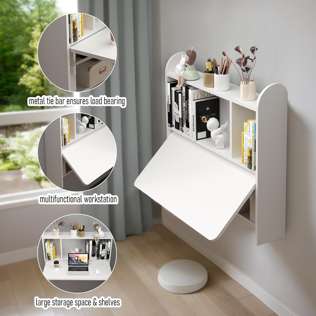 White Wall‑Mounted Folding Desk with Storage