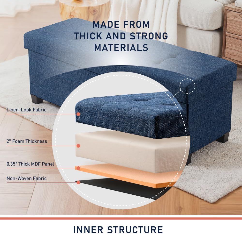 Navy Blue Large Storage Ottoman Bench with Legs