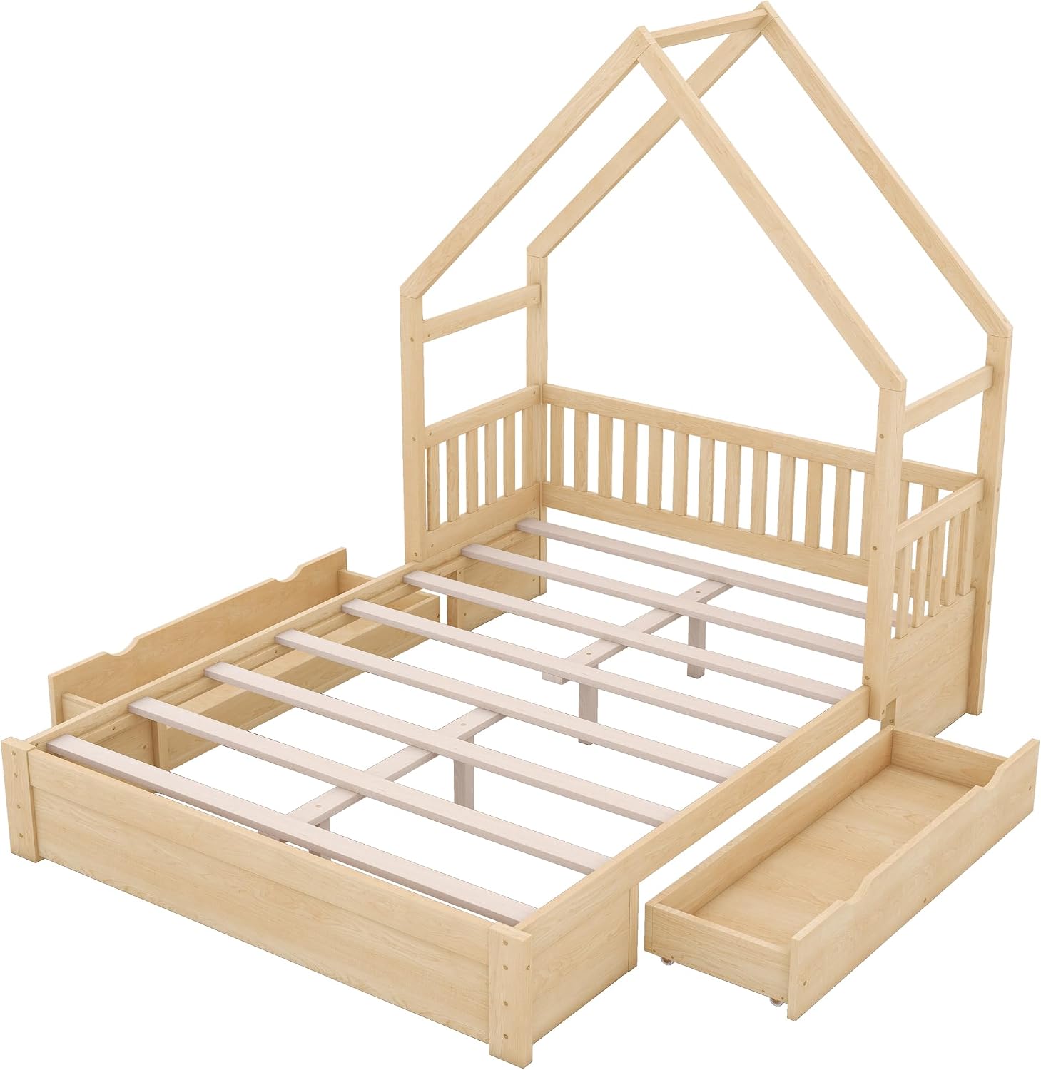 Natural Queen Wood House Bed Frame with Drawers