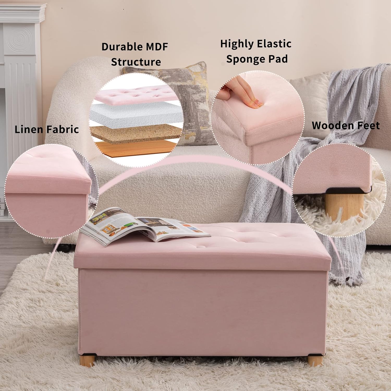 Pink Folding Storage Ottoman Bench with Wooden Feet