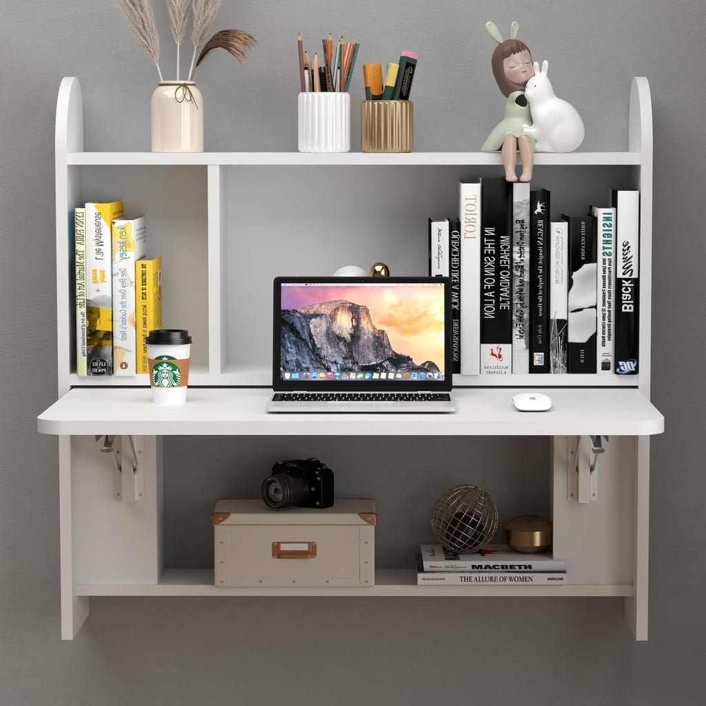 White Wall‑Mounted Folding Desk with Storage