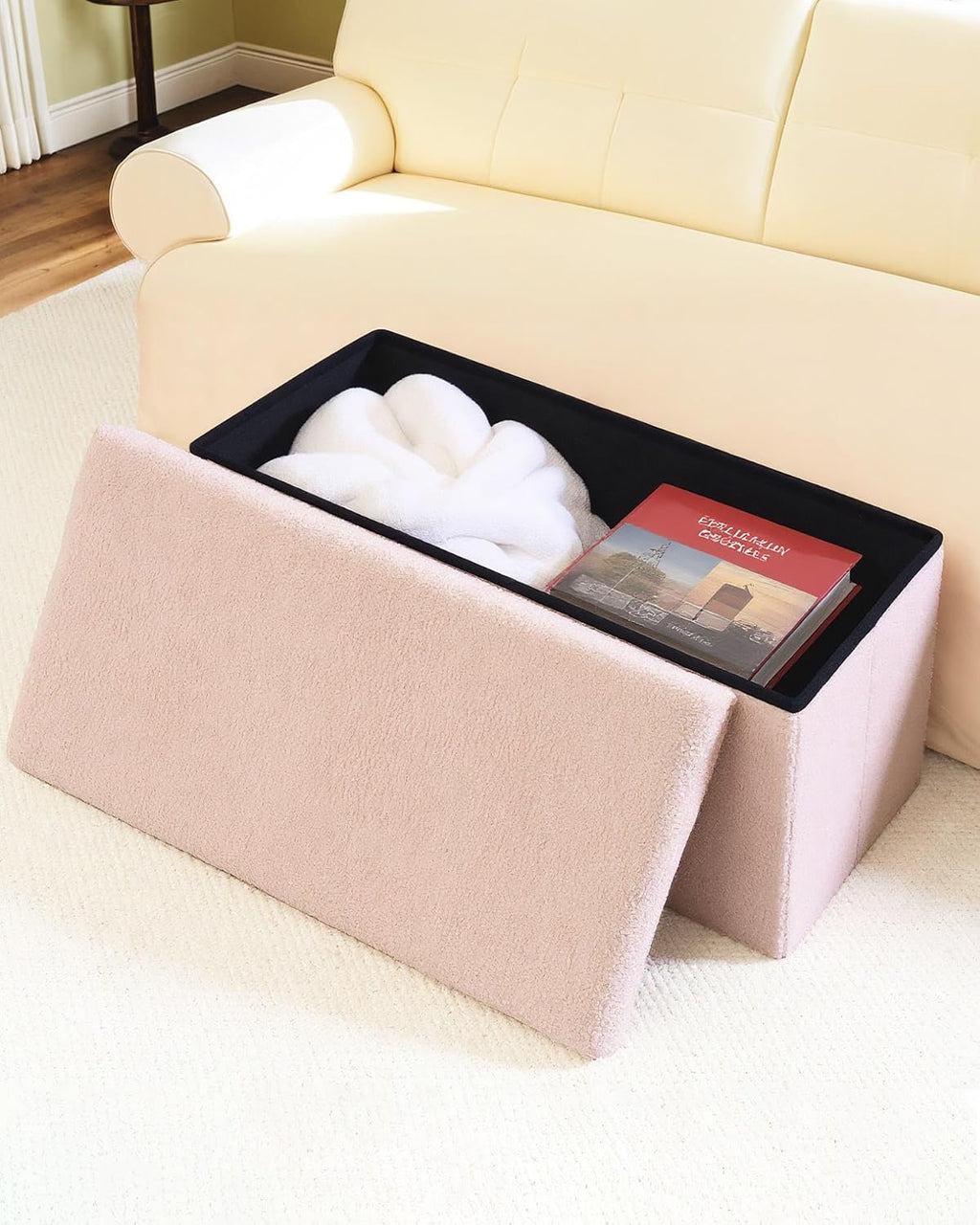 Pink Boucle Folding Storage Ottoman Bench