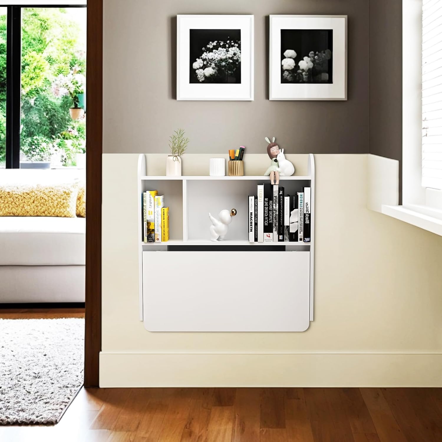 White Wall‑Mounted Folding Desk with Storage