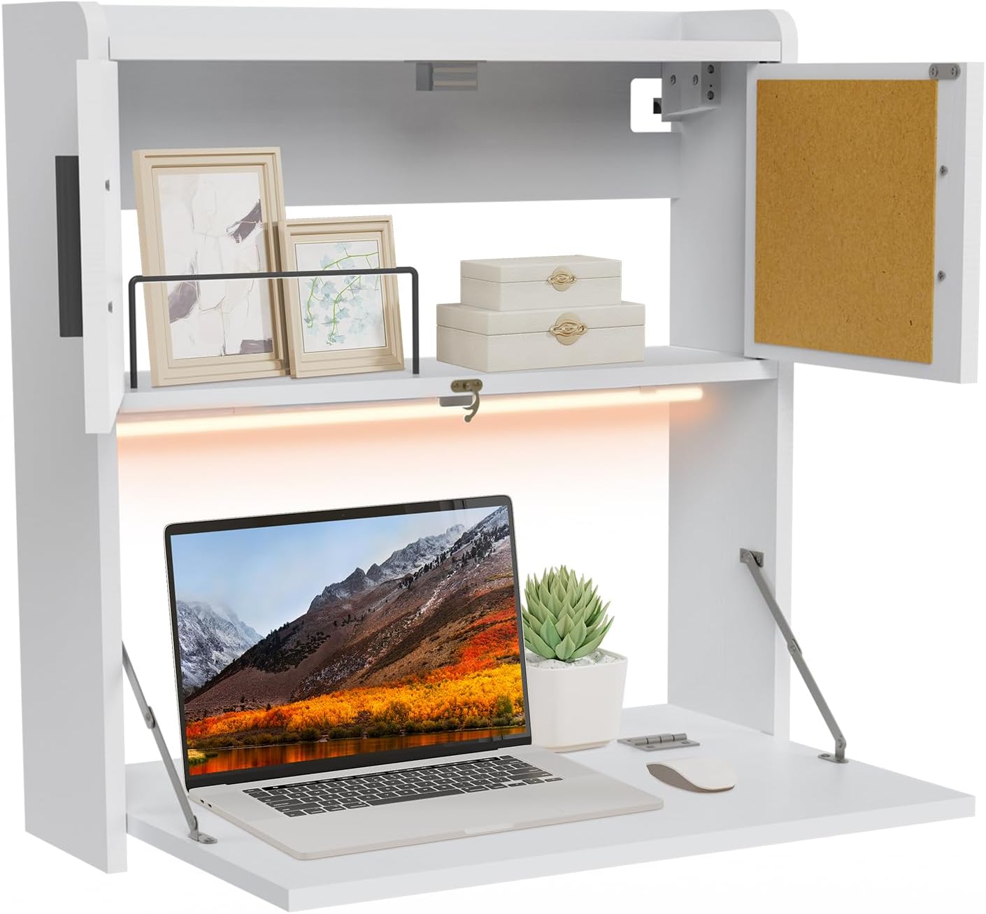 Wall‑Mounted Folding Desk with Light & Storage