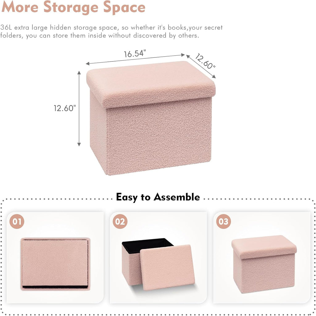 Pink Teddy‑Fur Foldable Storage Ottoman Cube