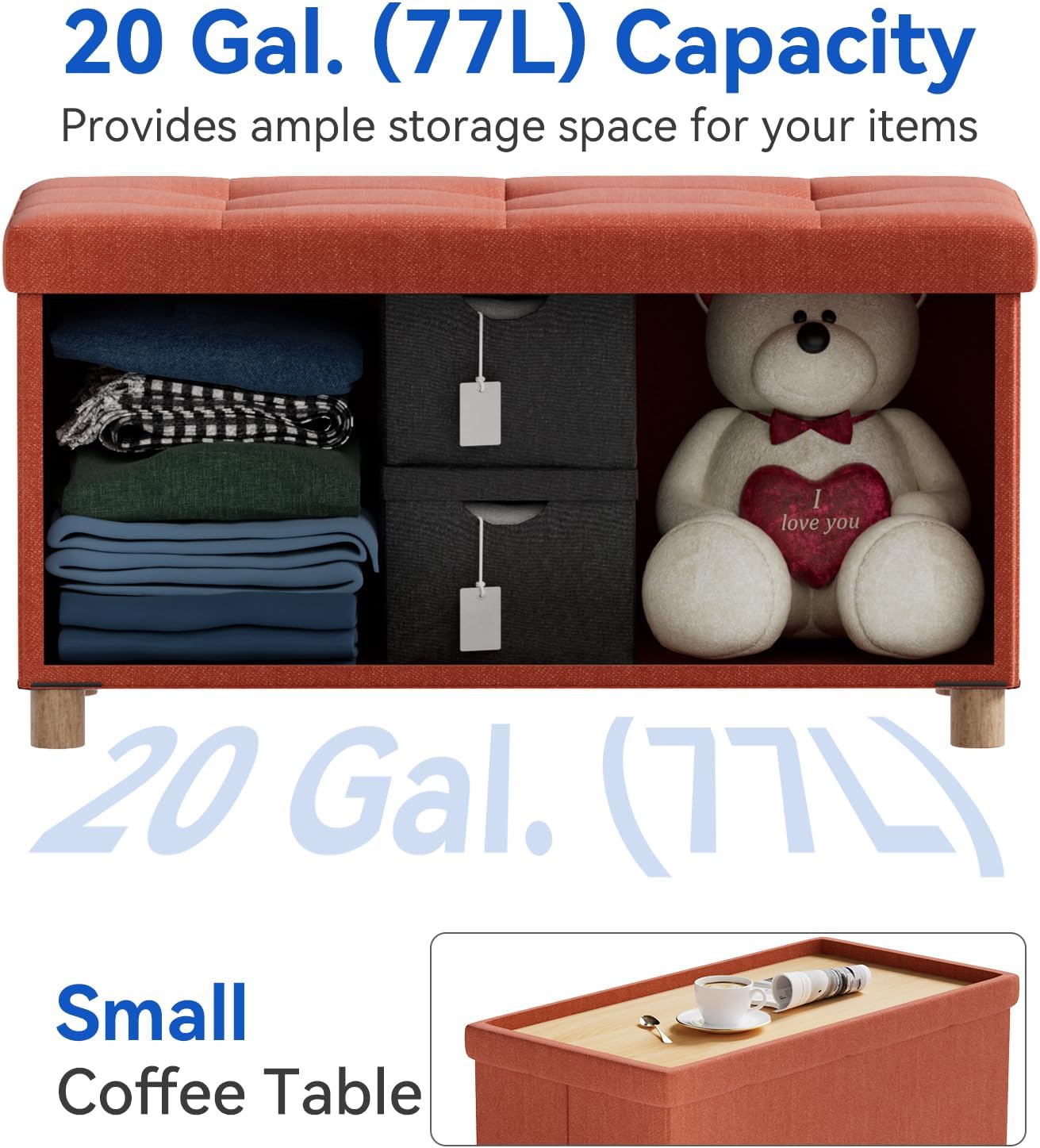 Orange Storage Ottoman Bench with Legs