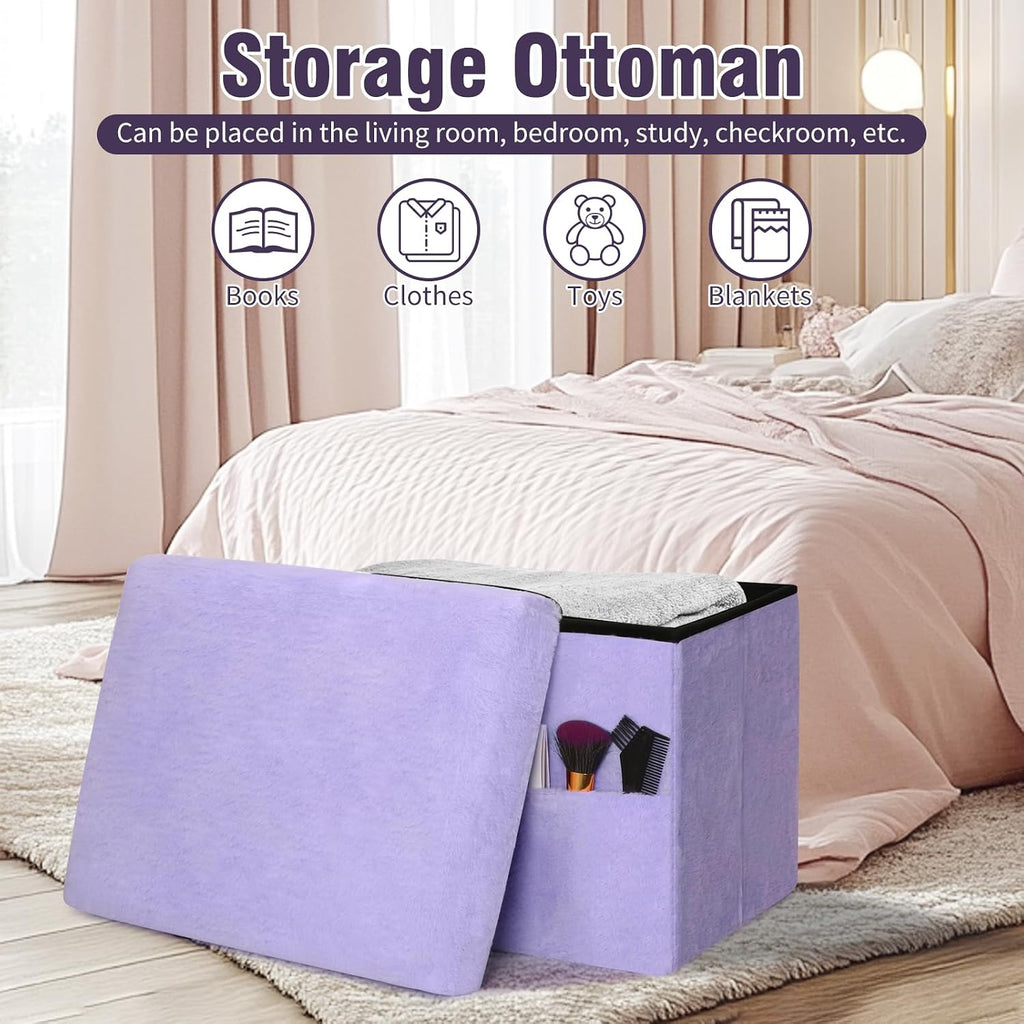 Purple Furry Folding Storage Ottoman Bench