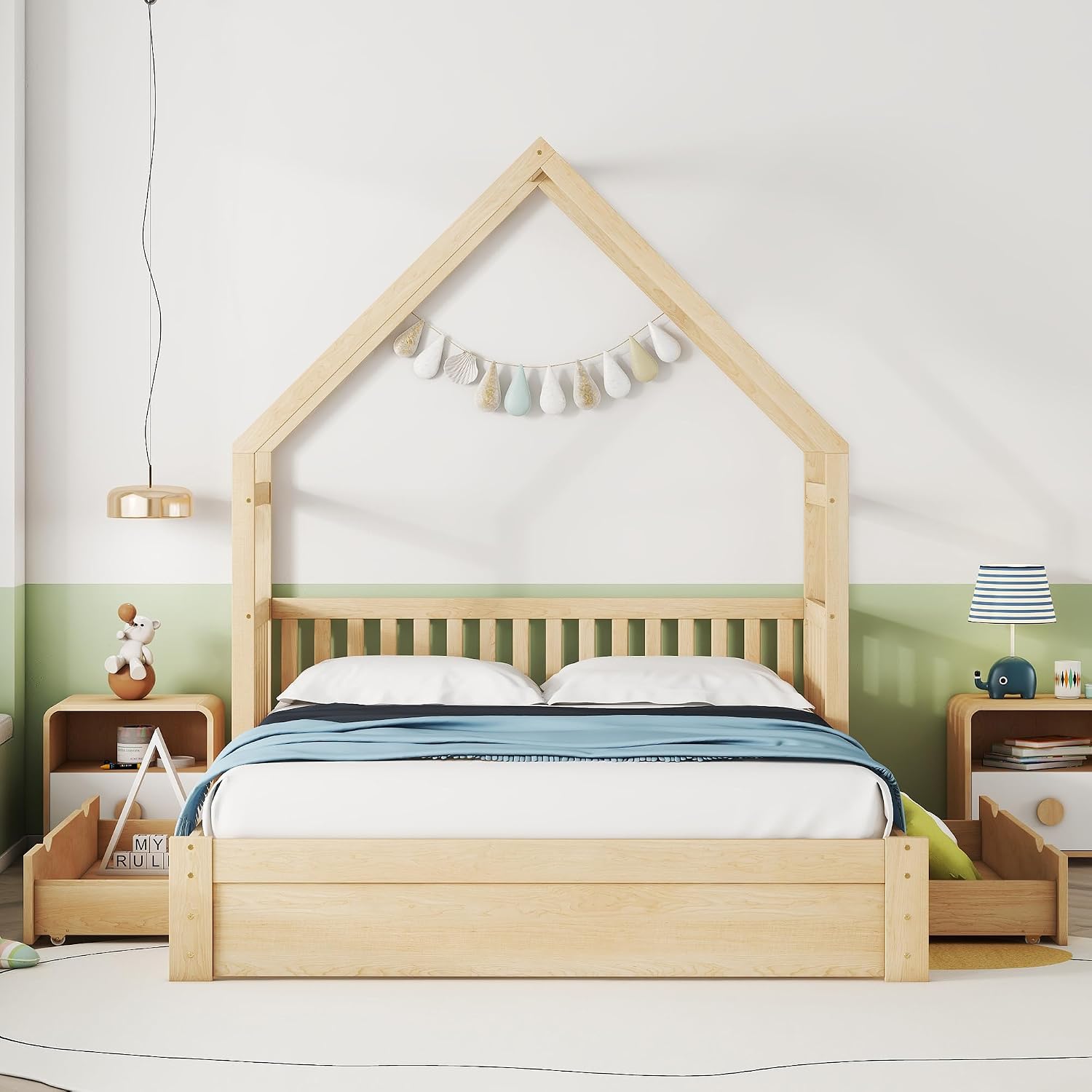 Natural Queen Wood House Bed Frame with Drawers