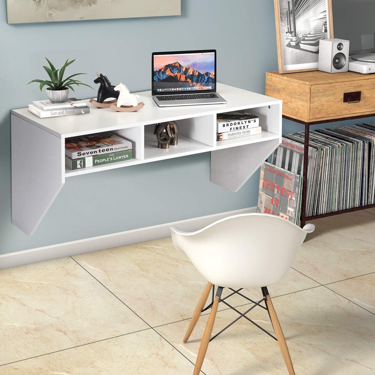 White Floating Computer Desk with Storage Shelves