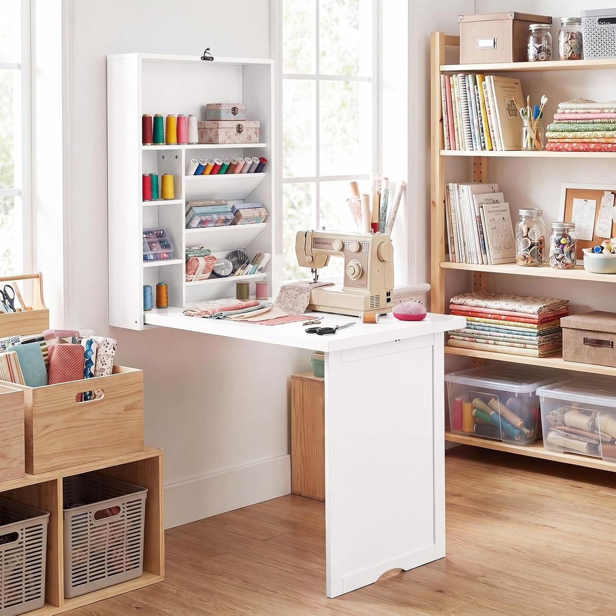 White Murphy Wall‑Mounted Folding Desk with Storage
