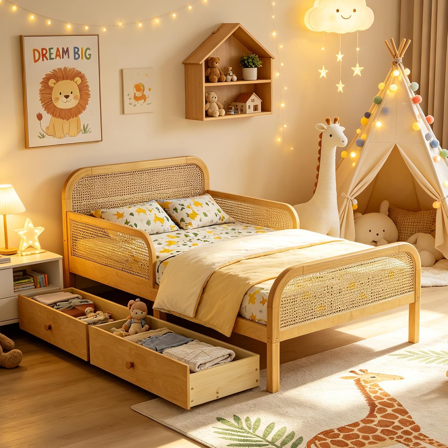 Natural Rattan Kids Twin Bed Frame with Drawers
