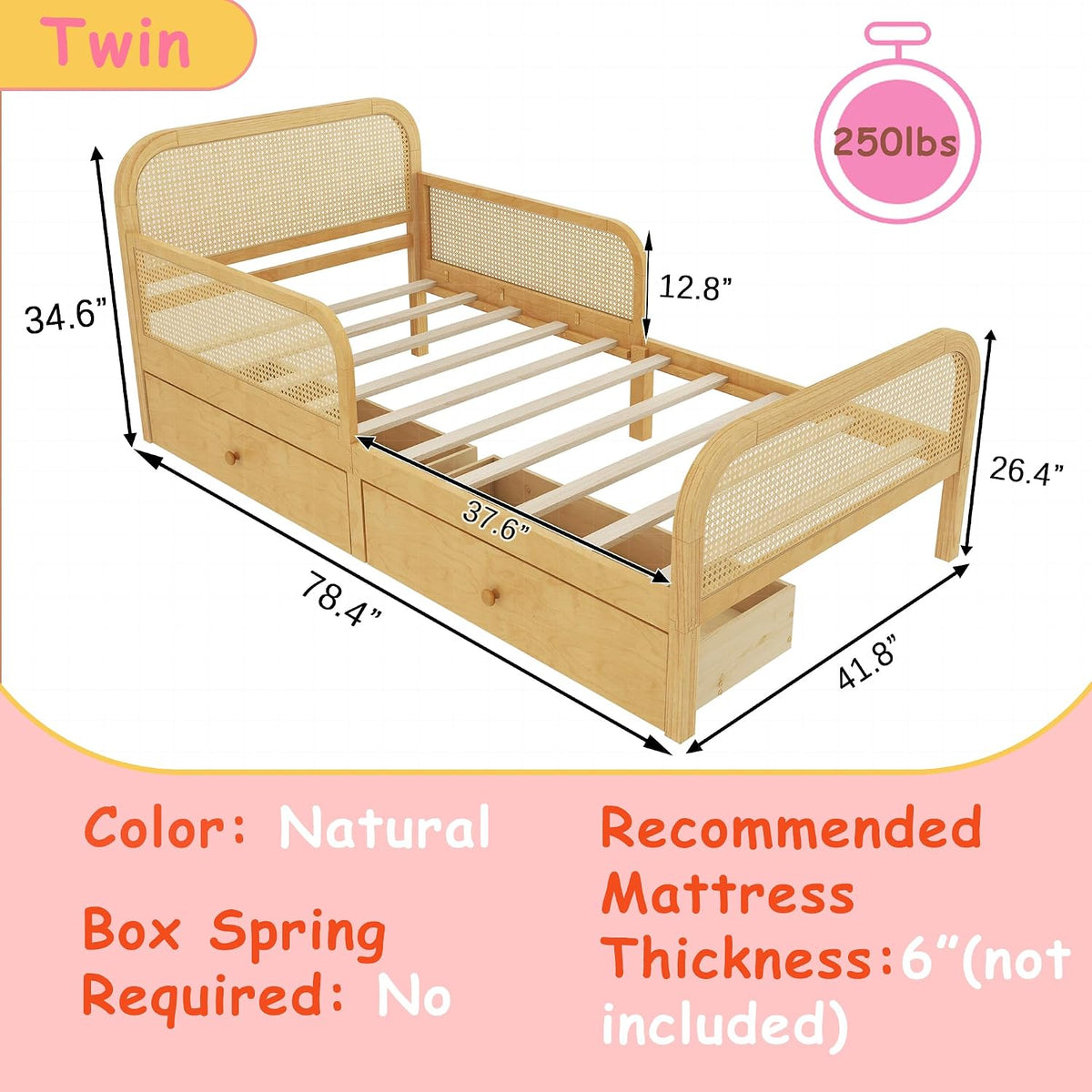 Natural Rattan Kids Twin Bed Frame with Drawers