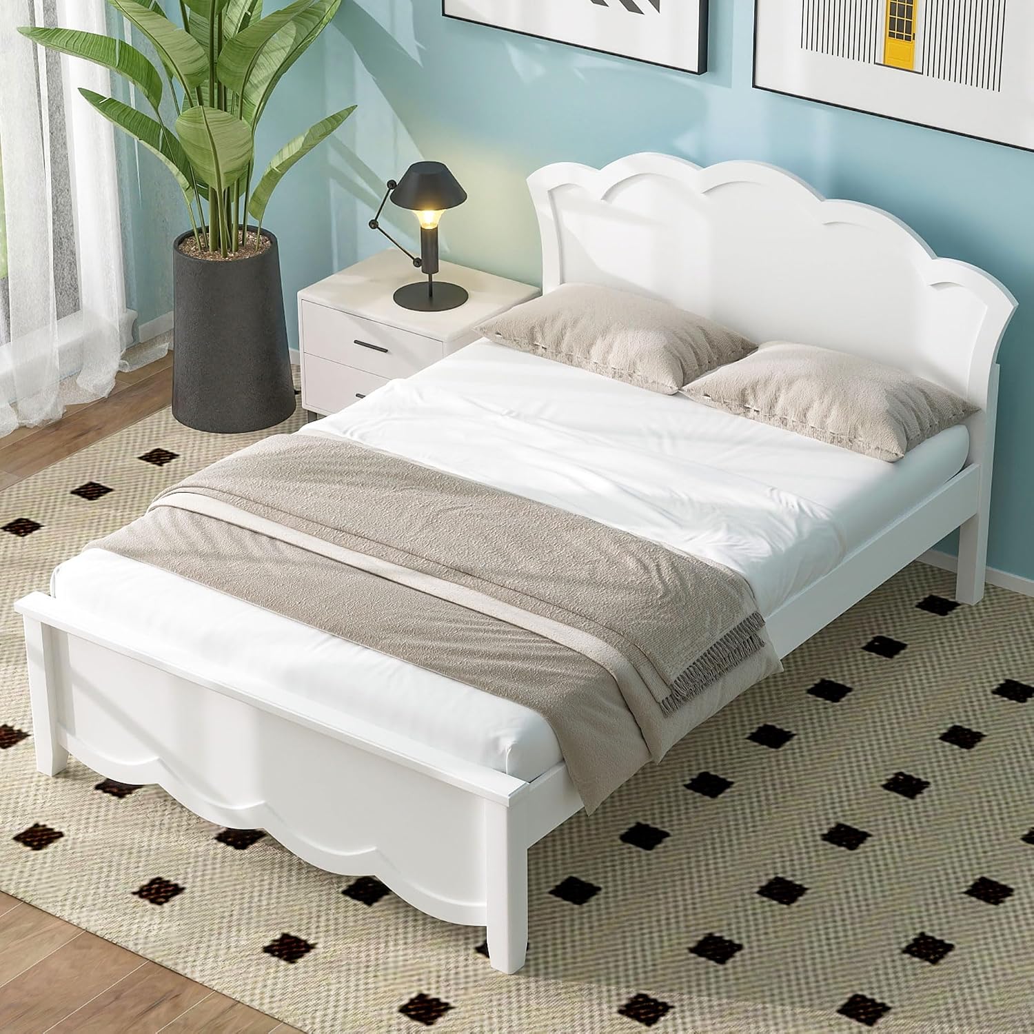 White Solid Pine Wood Platform Bed Frame