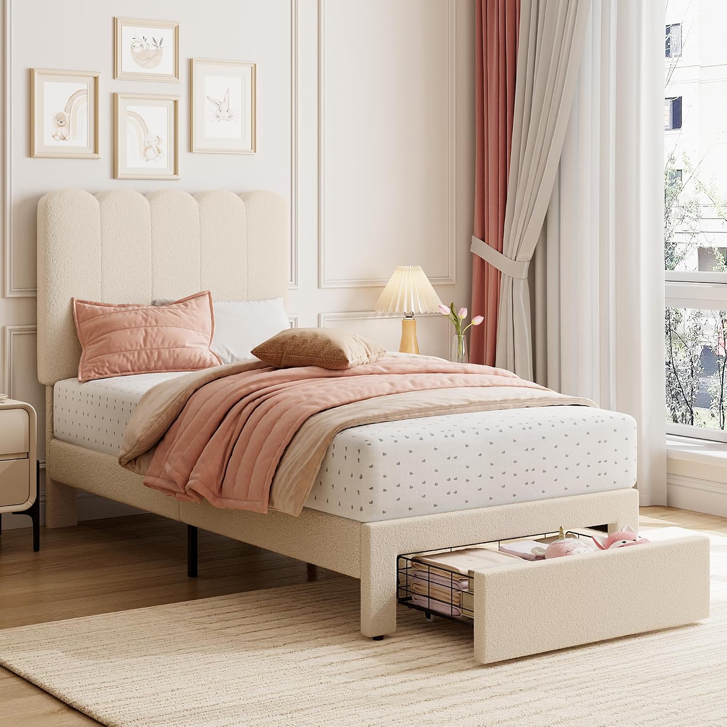 Beige Boucle Kids Twin Platform Bed Frame