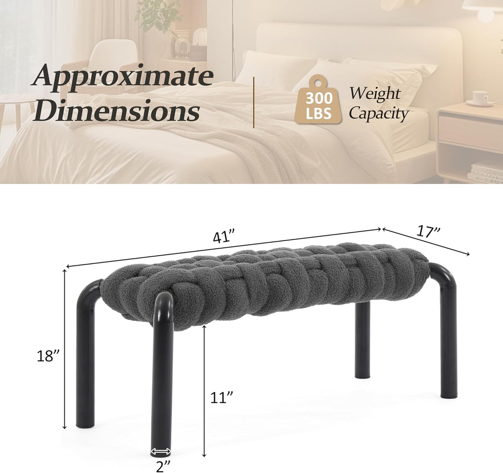 Grey Teddy Fabric Bench with Black Metal Legs