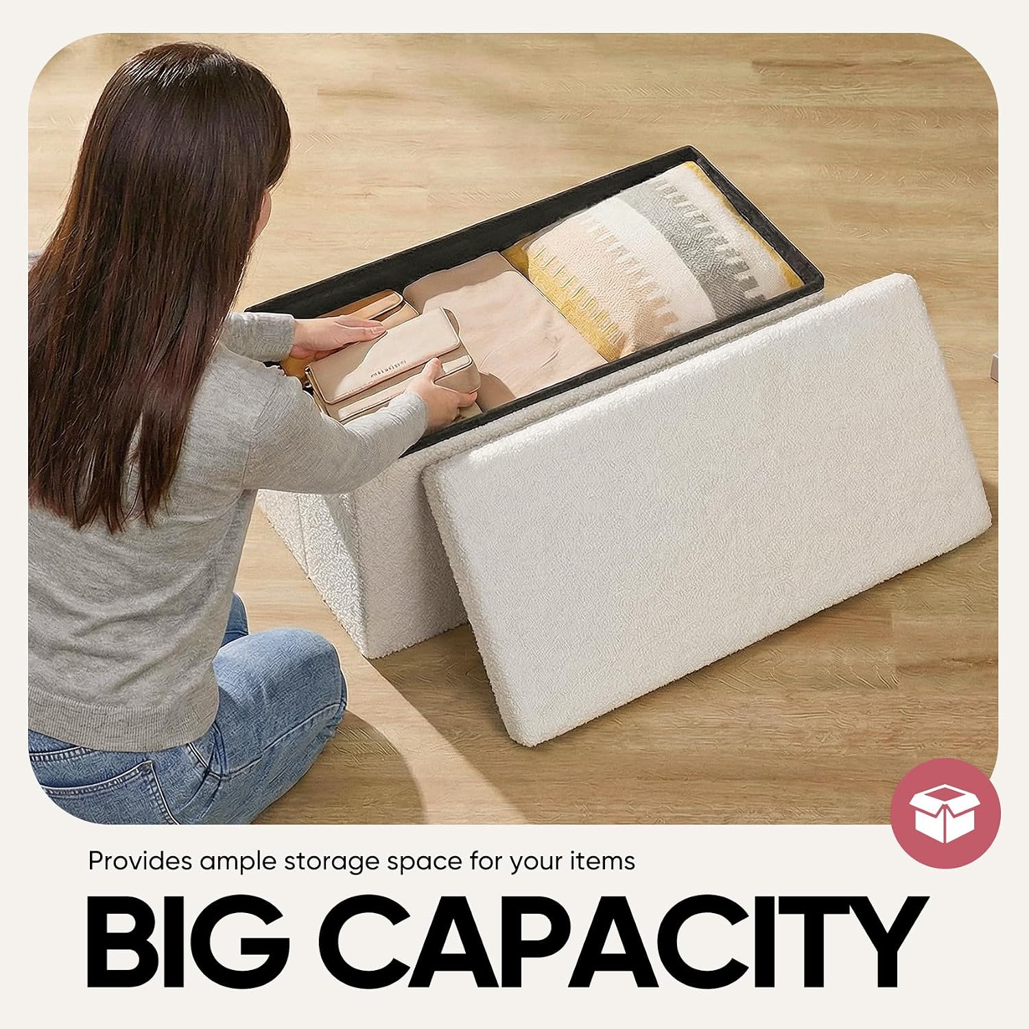 White Sherpa Top Square Storage Ottoman Bench