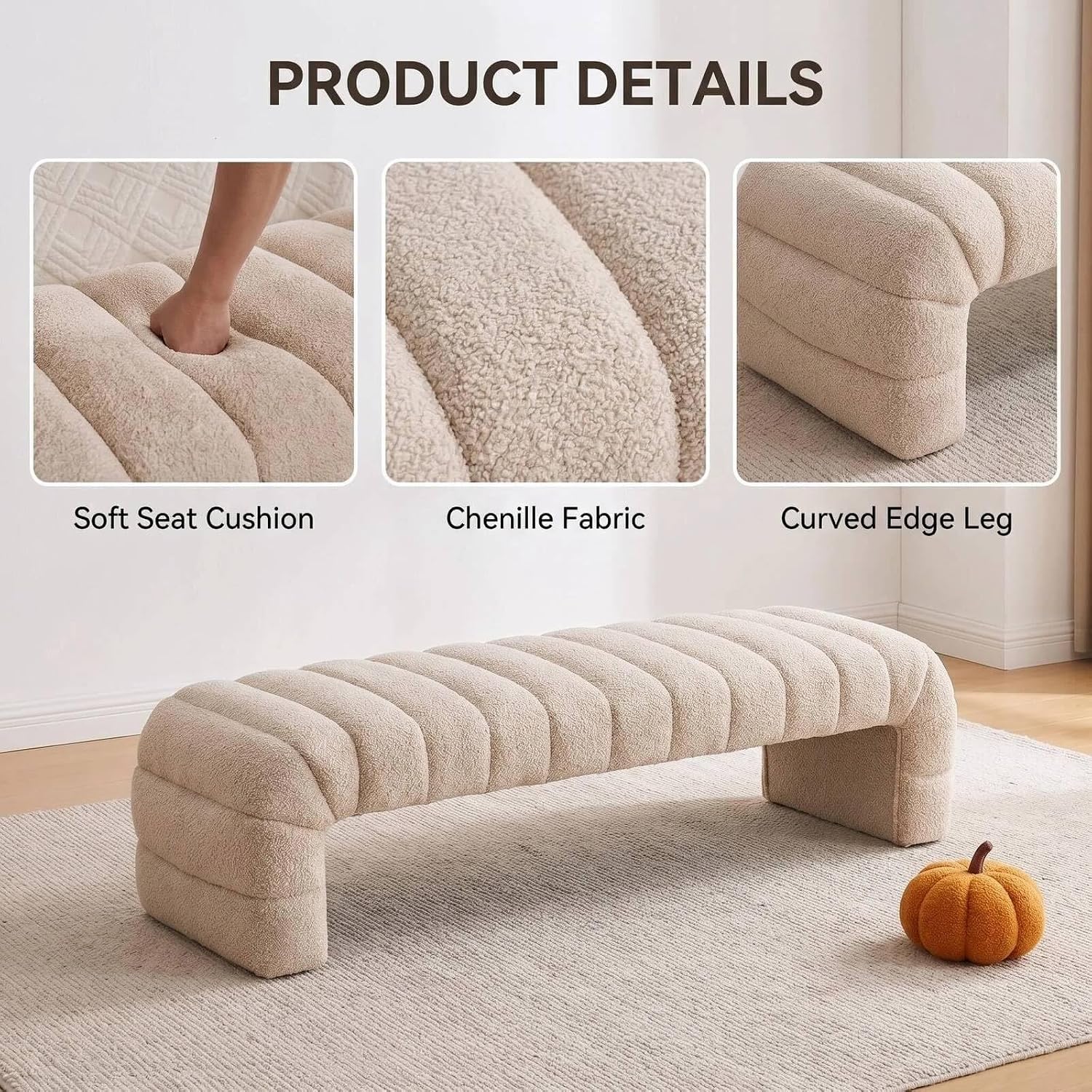 Ivory Chenille Arched Channel Tufted Bench