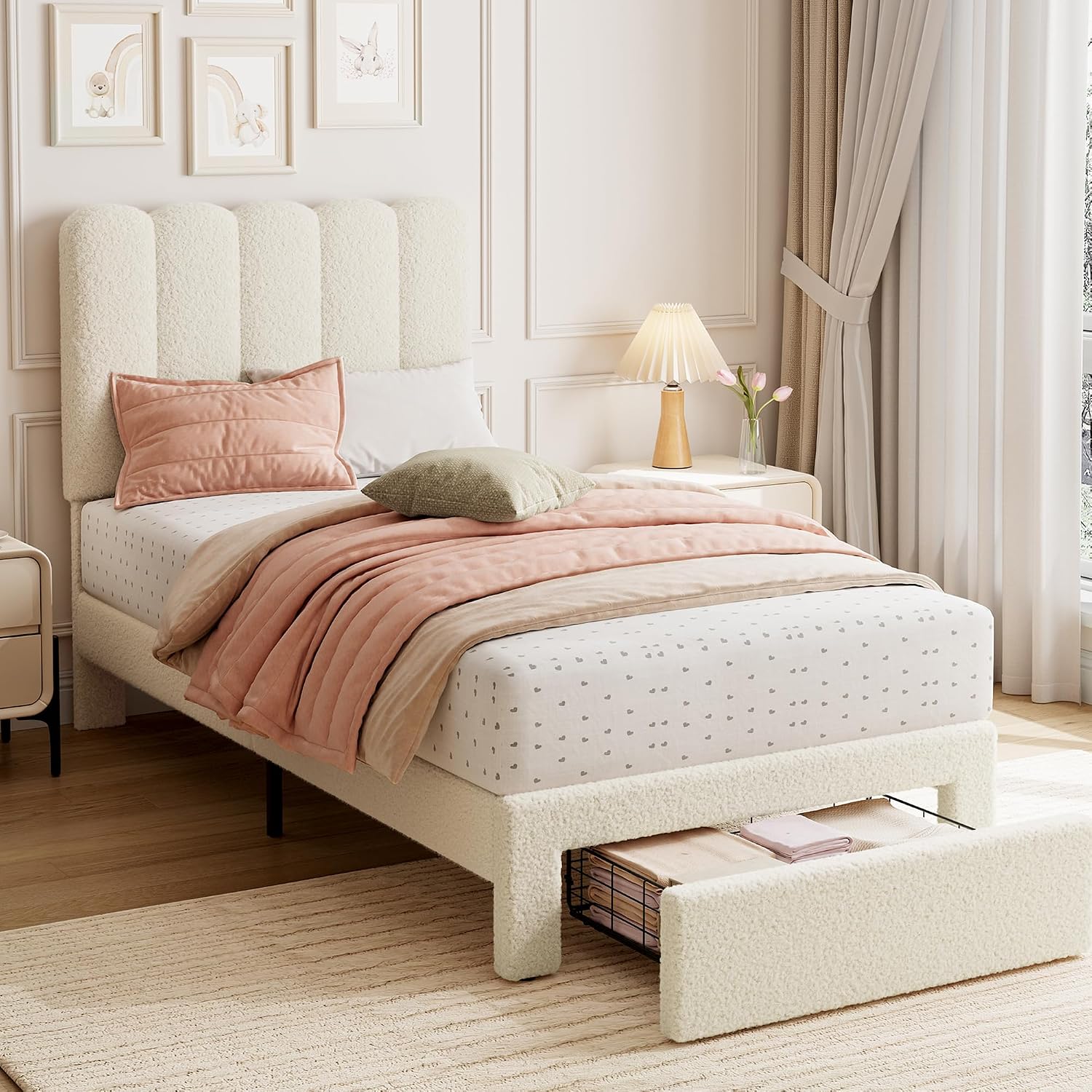 Beige Boucle Kids Twin Platform Bed Frame