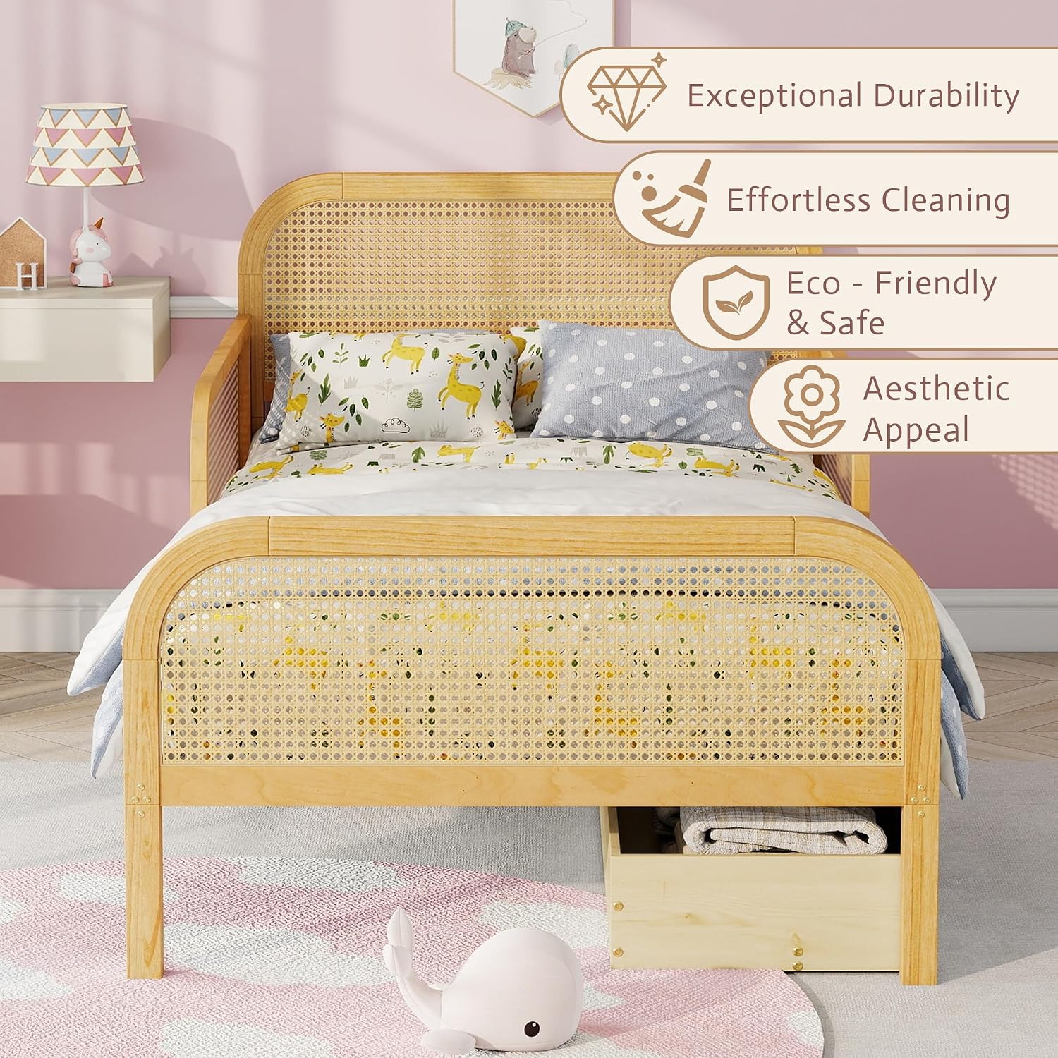 Natural Rattan Kids Twin Bed Frame with Drawers