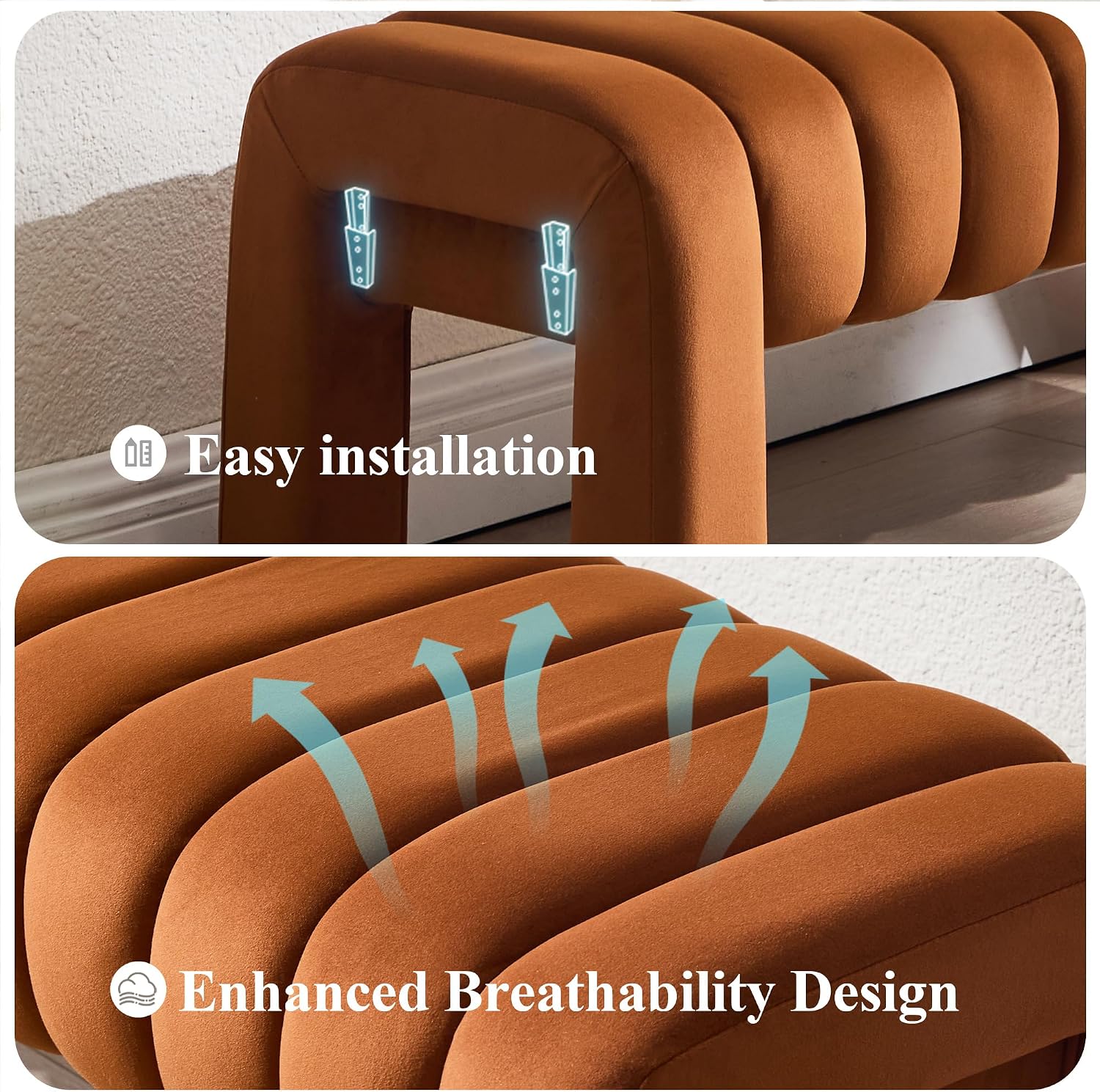 Brown Velvet Upholstered Bench with Solid Wood Legs