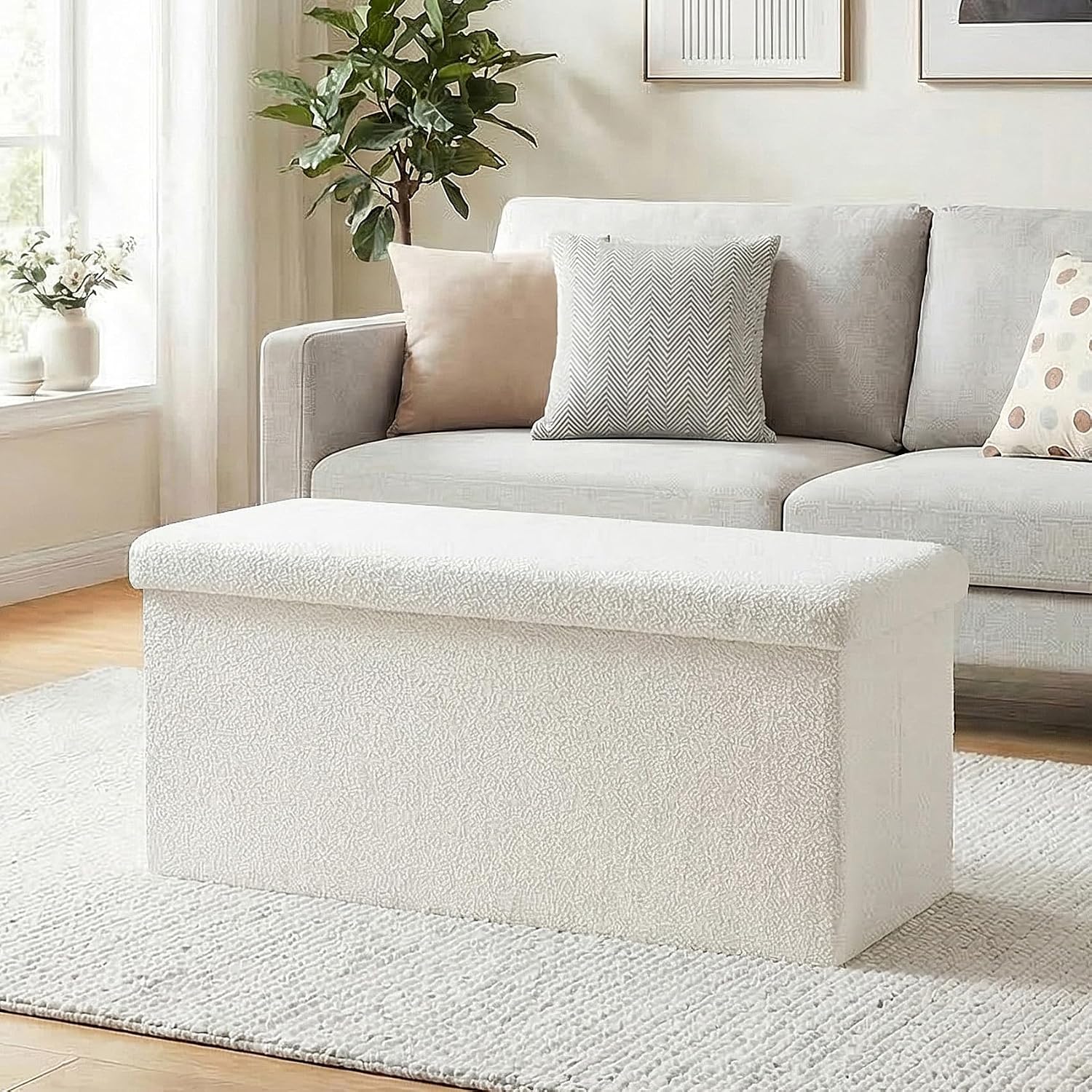 White Sherpa Top Square Storage Ottoman Bench