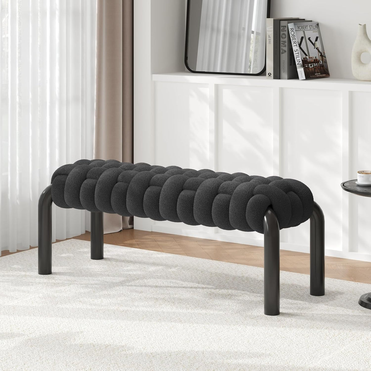 Grey Teddy Fabric Bench with Black Metal Legs