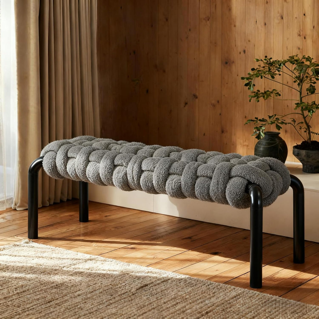Grey Teddy Fabric Bench with Black Metal Legs