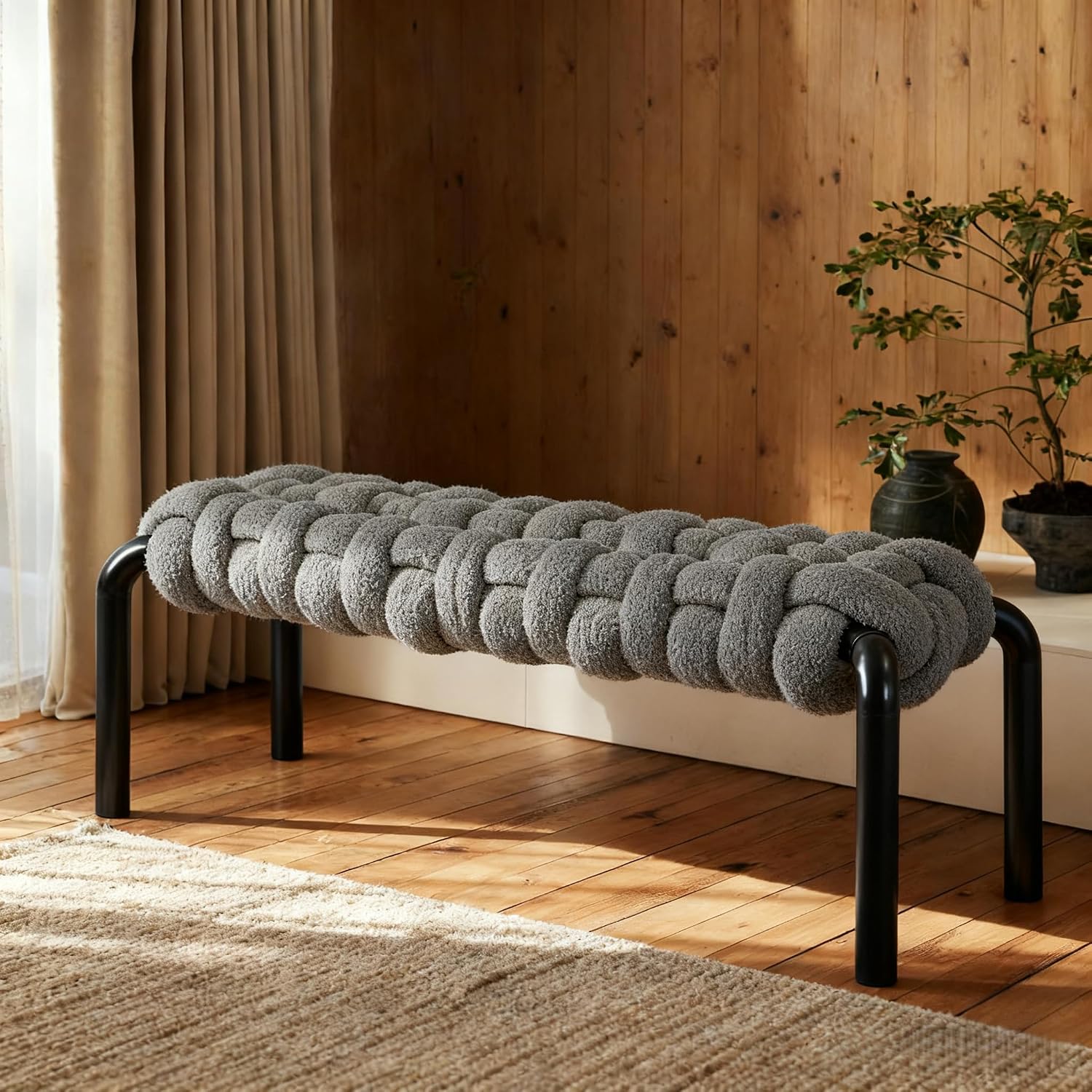 Grey Teddy Fabric Bench with Black Metal Legs
