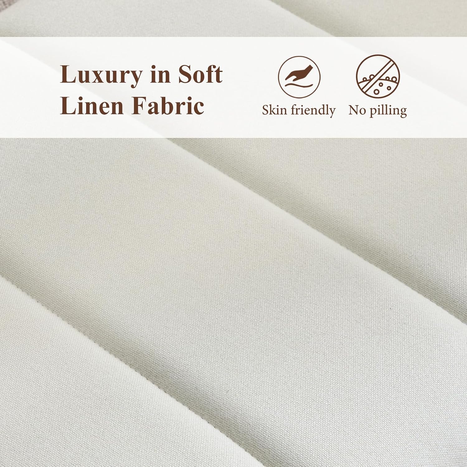 Cream Linen Channel Tufted Ottoman Bench with Walnut Legs