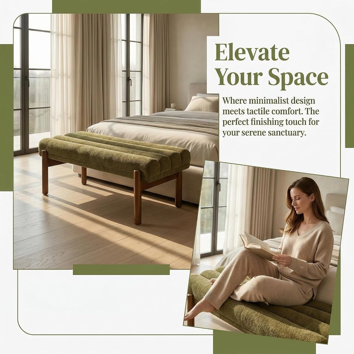 Green Chenille Upholstered Accent Bench