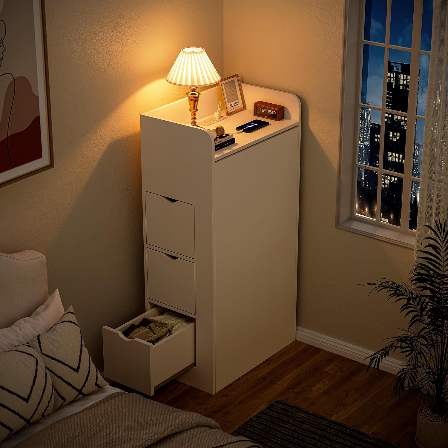 White Wall‑Mounted Foldable Desk with Storage & Outlet