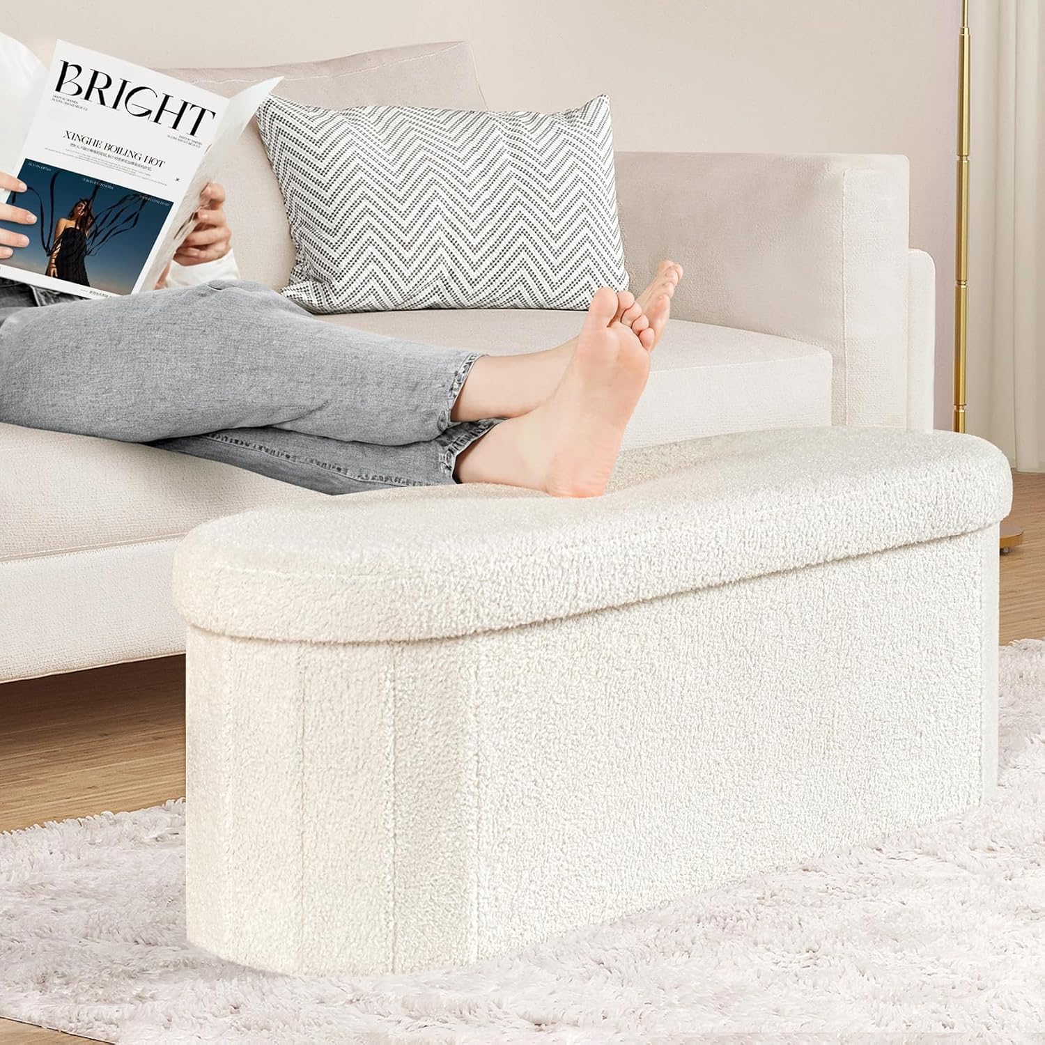 White Velvet Tufted Oval Storage Ottoman Bench