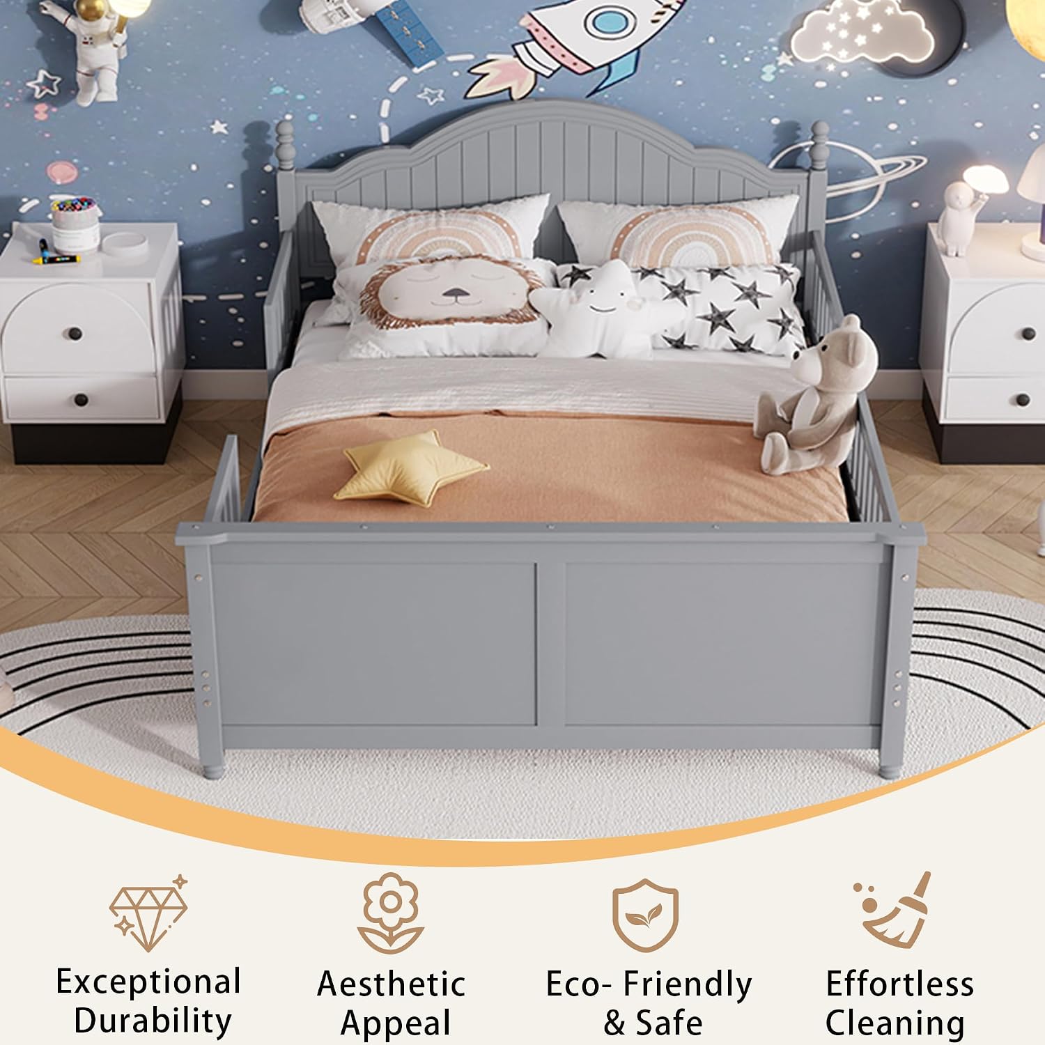 Grey Kids Full Wood Montessori Bed Frame