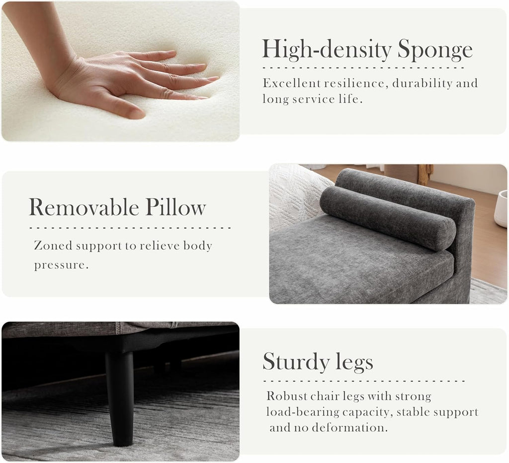 Gray Chenille Oversized Chaise Lounge Bench
