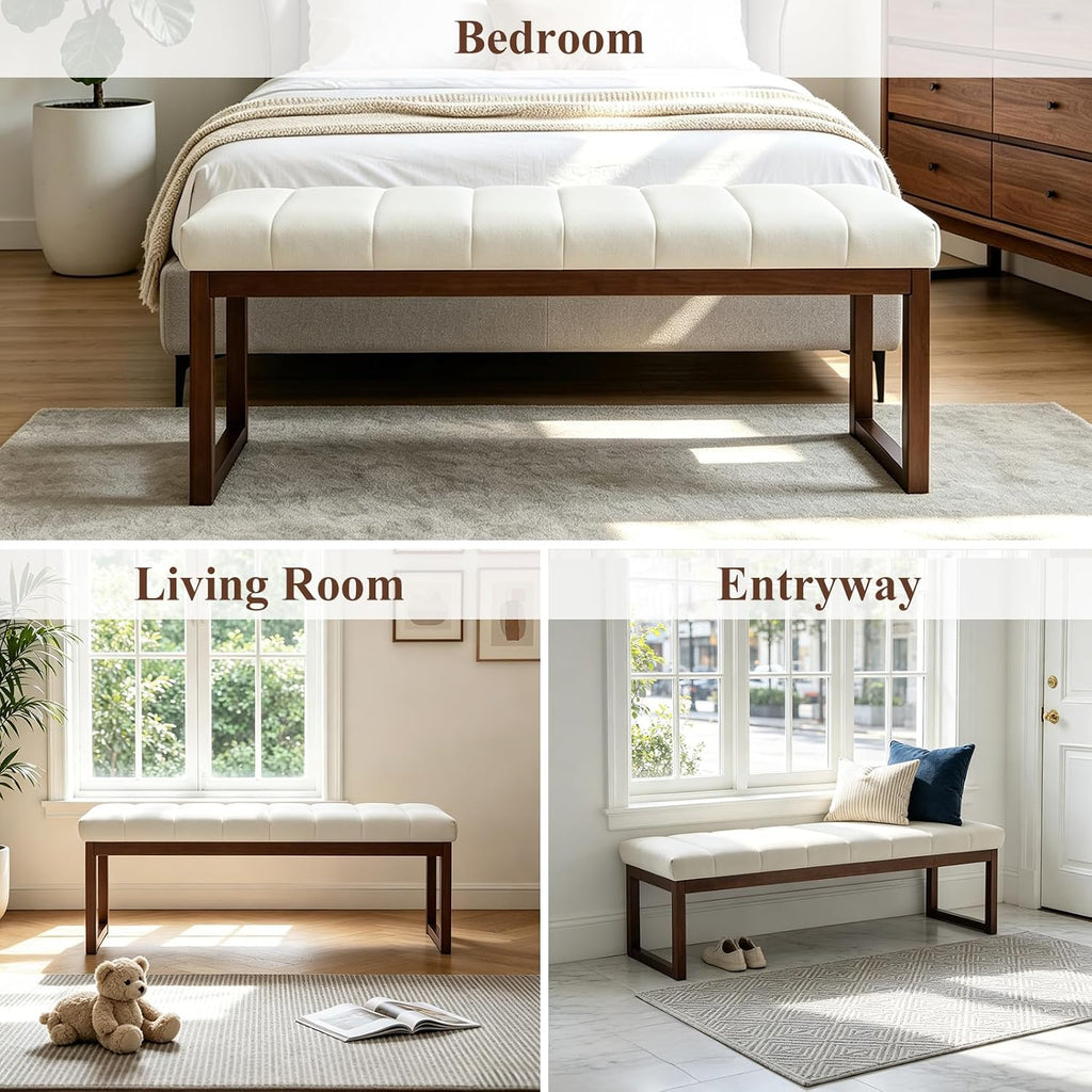 Cream Linen Channel Tufted Ottoman Bench with Walnut Legs