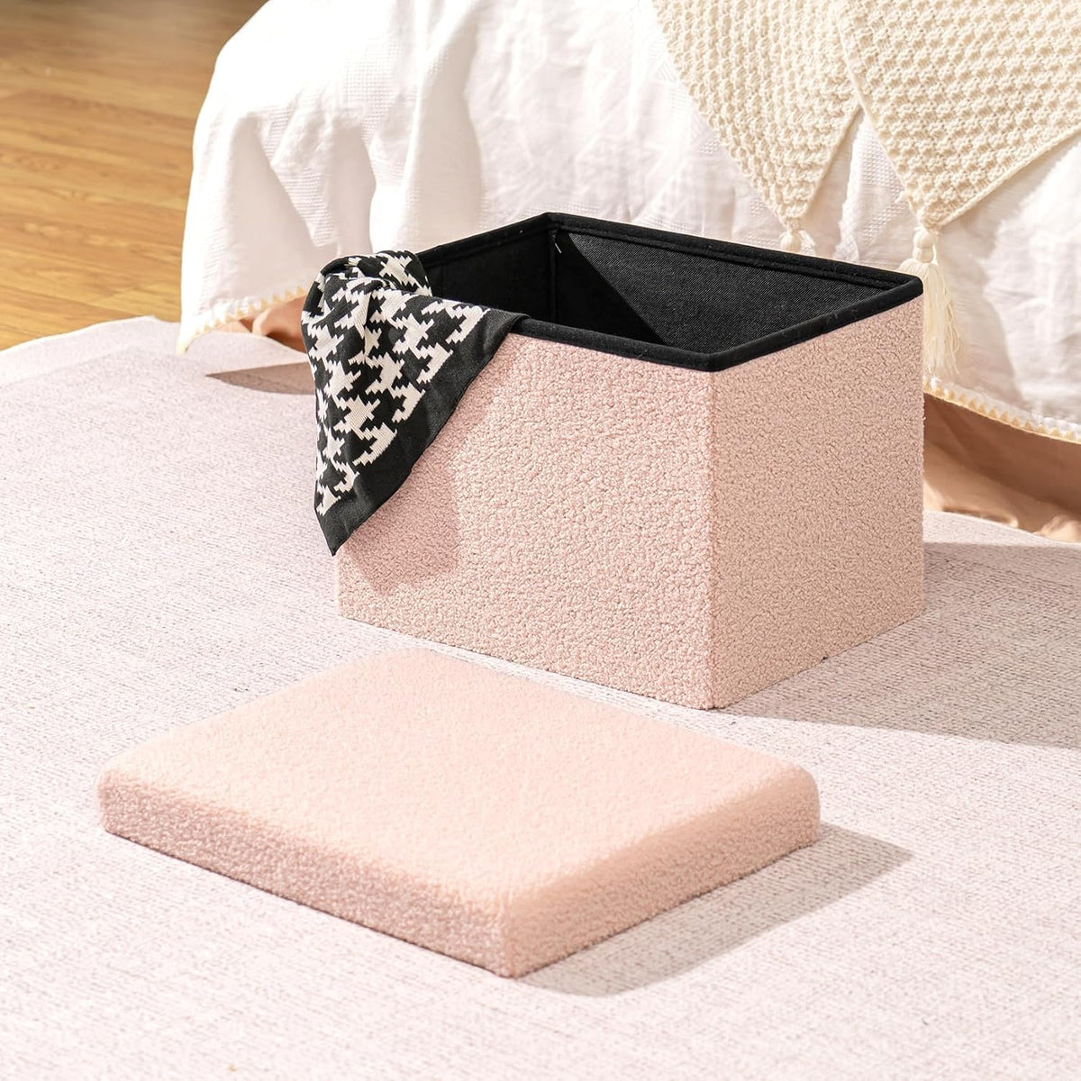 Pink Teddy‑Fur Foldable Storage Ottoman Cube