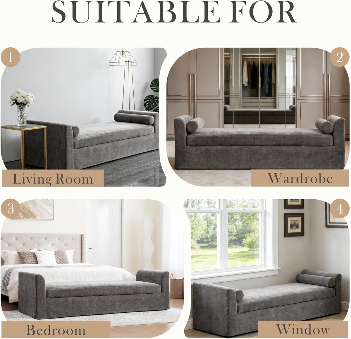 Gray Chenille Oversized Chaise Lounge Bench