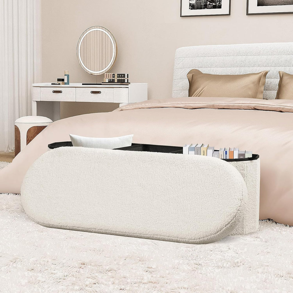 White Velvet Tufted Oval Storage Ottoman Bench
