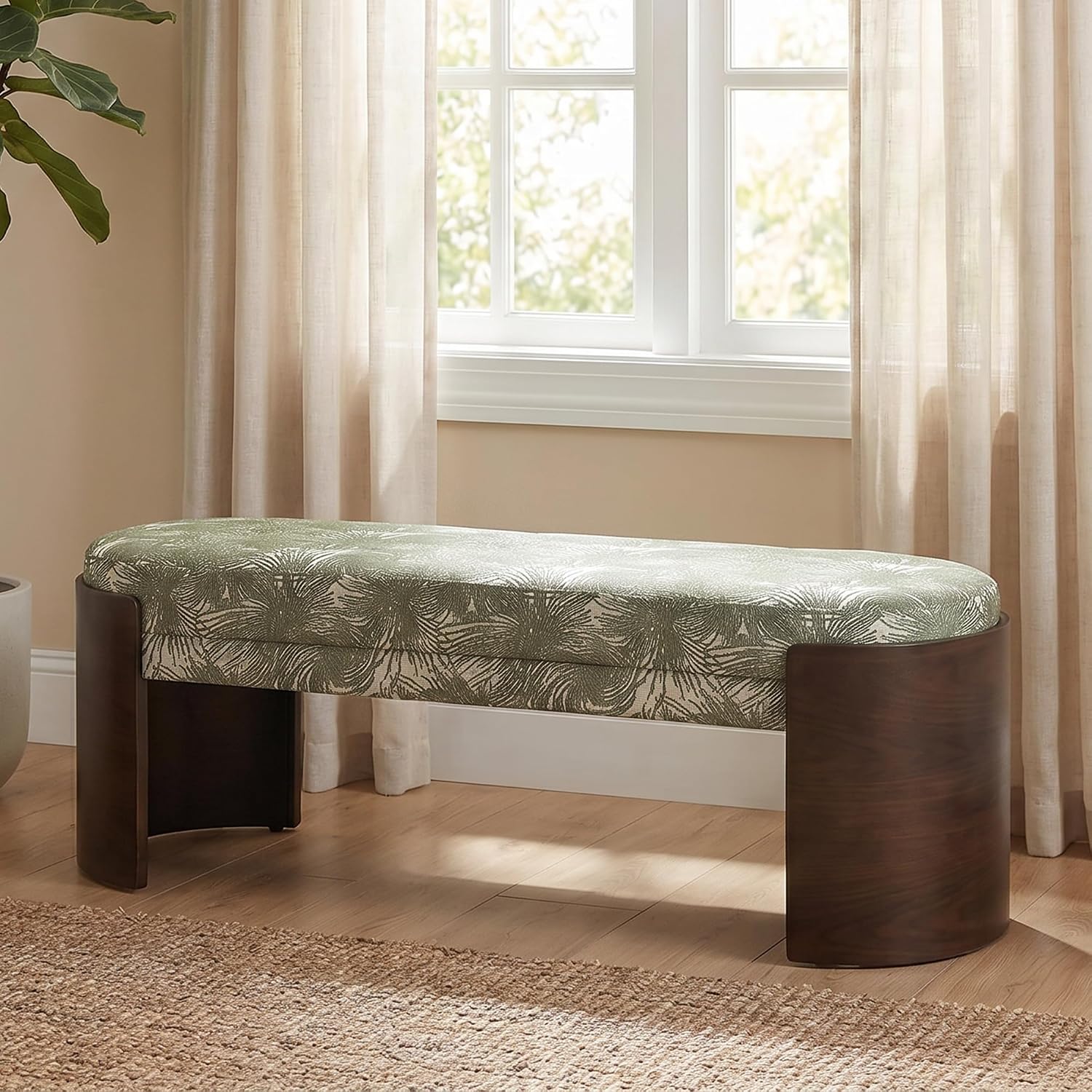 Green Botanical‑Pattern Ottoman Bench