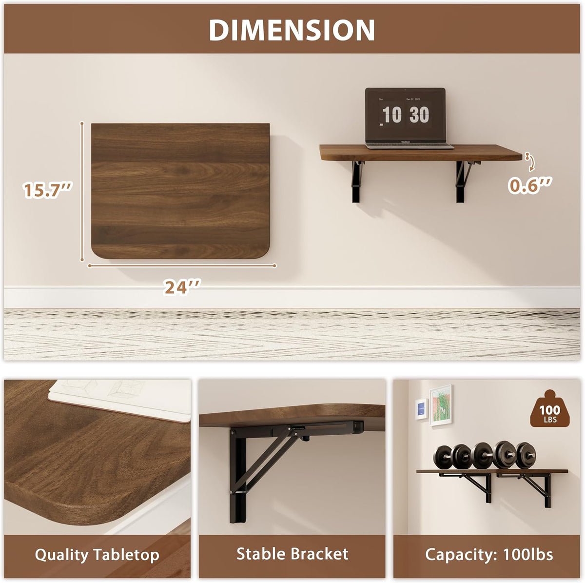 Wall‑Mounted Walnut Folding Floating Desk