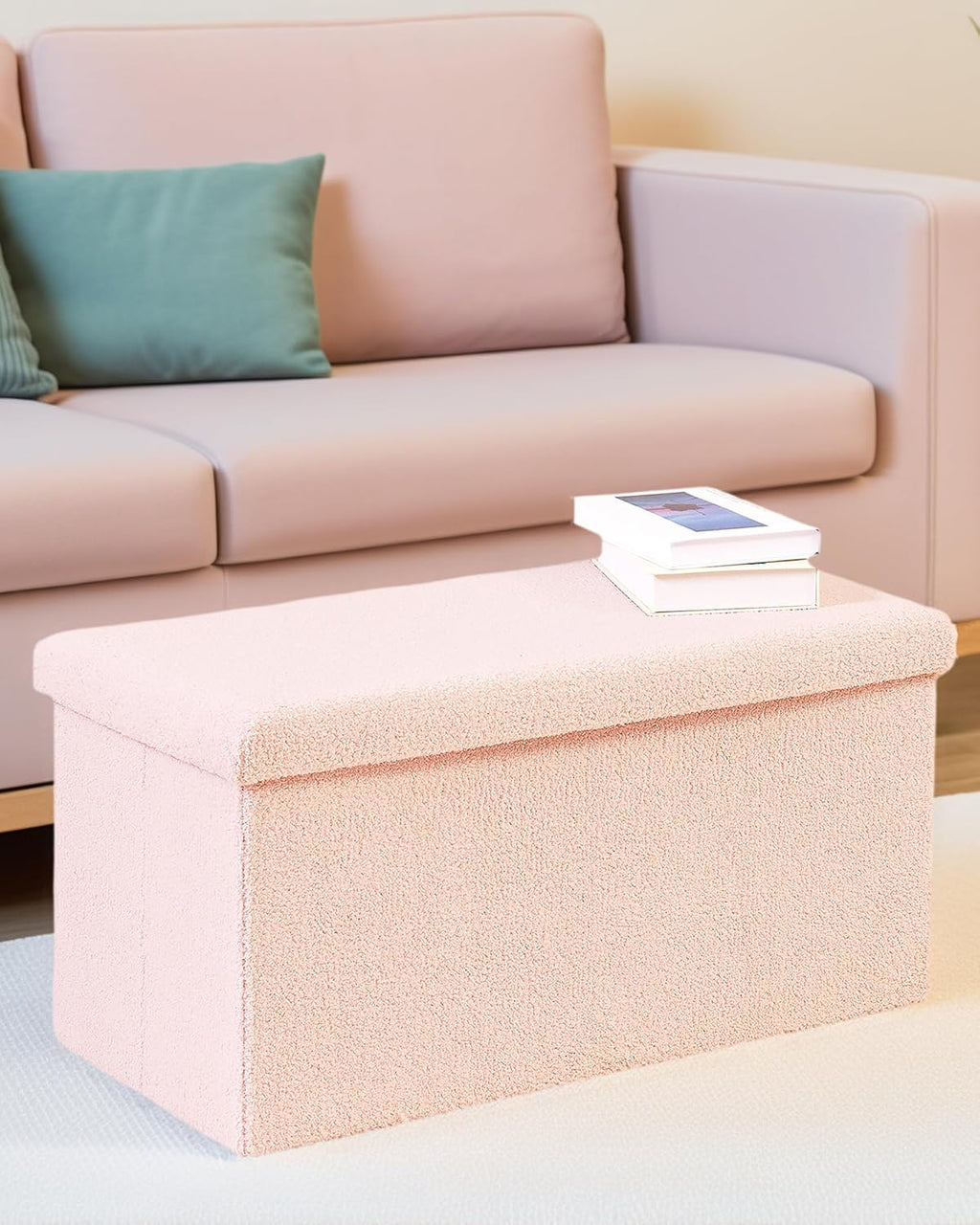 Pink Boucle Folding Storage Ottoman Bench