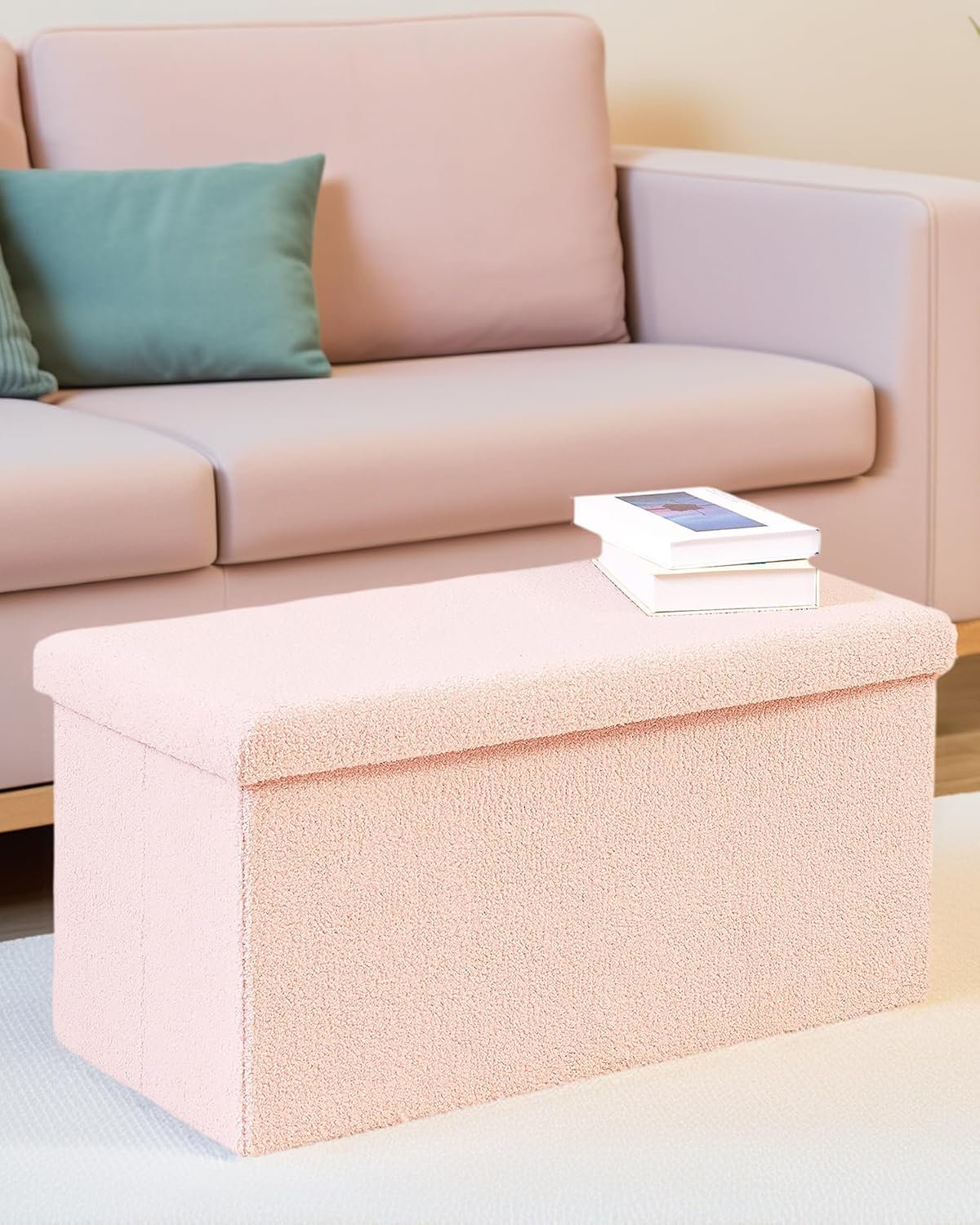 Pink Boucle Folding Storage Ottoman Bench