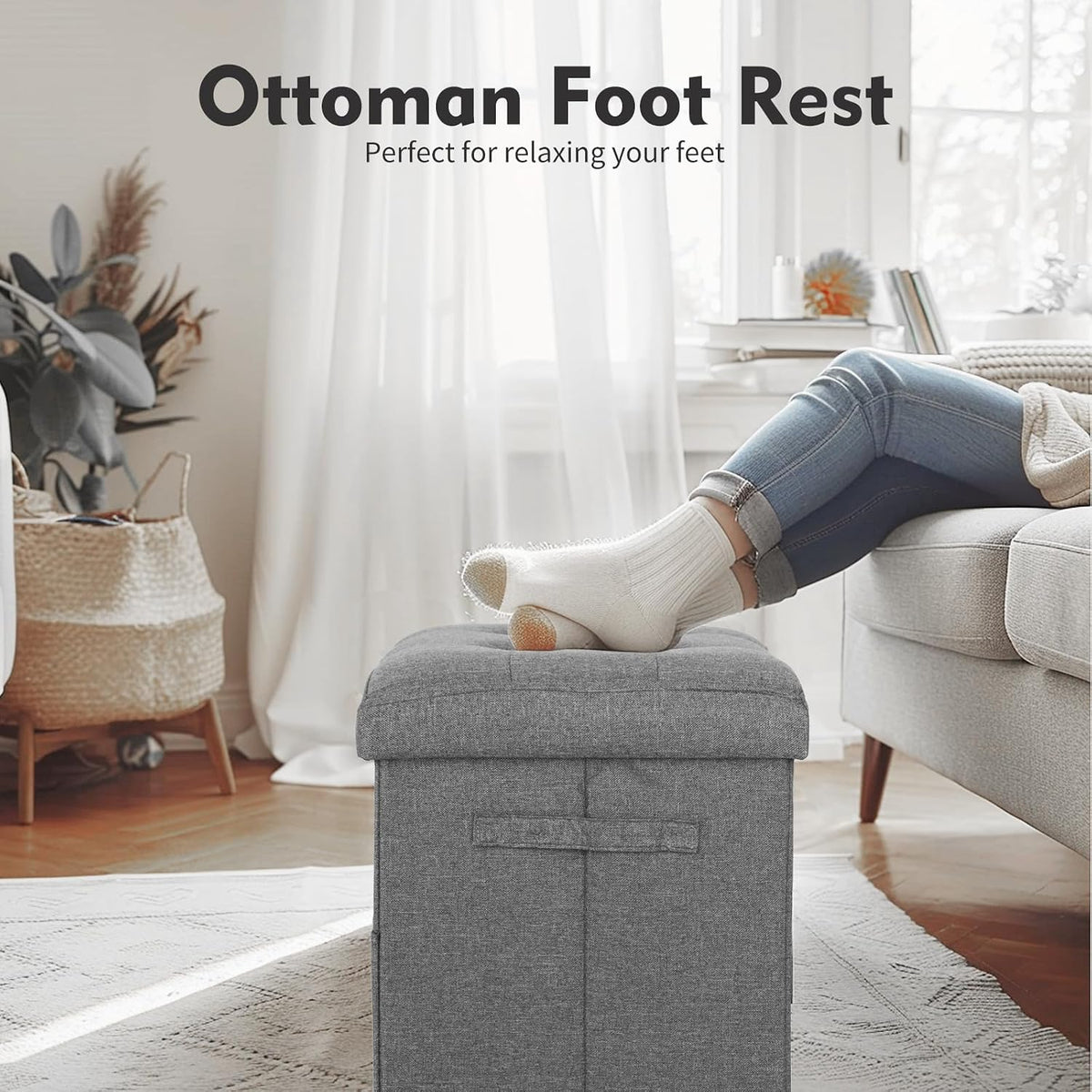 Dark Gray Linen Folding Storage Ottoman Bench