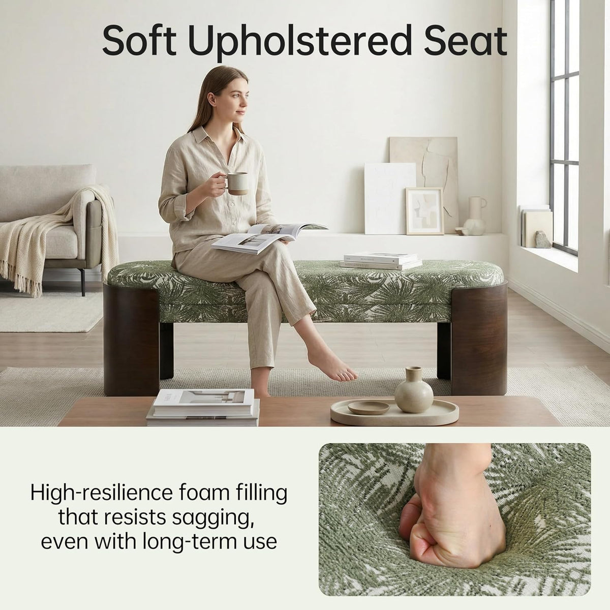 Green Botanical‑Pattern Ottoman Bench